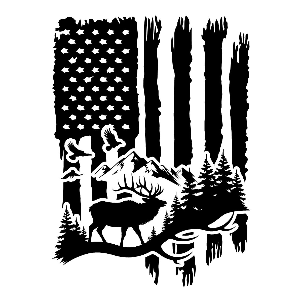 Distressed American Flag Bull Elk Mountain Bird Scene Antler Hunt Decal Sticker