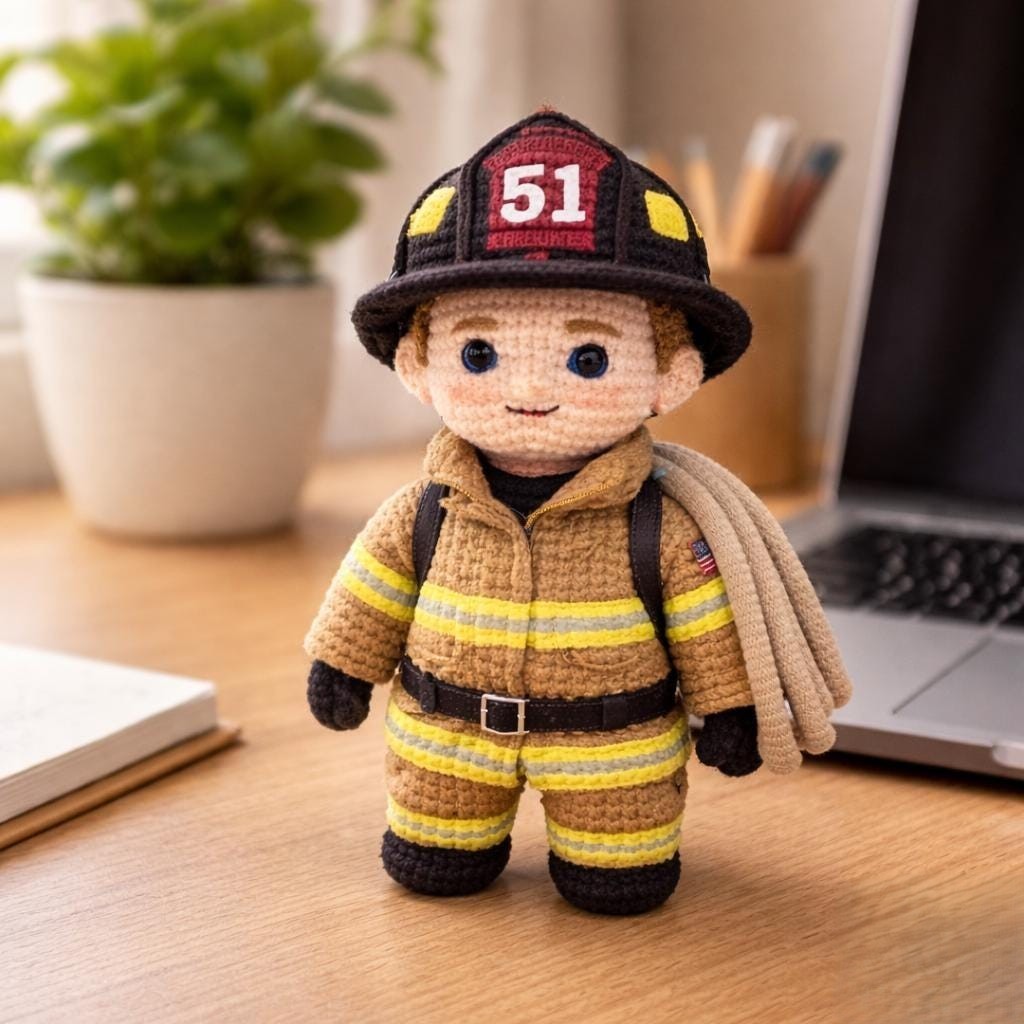 Custom Firefighter Crochet Doll From Photo Handmade Amigurumi Portrait Gift