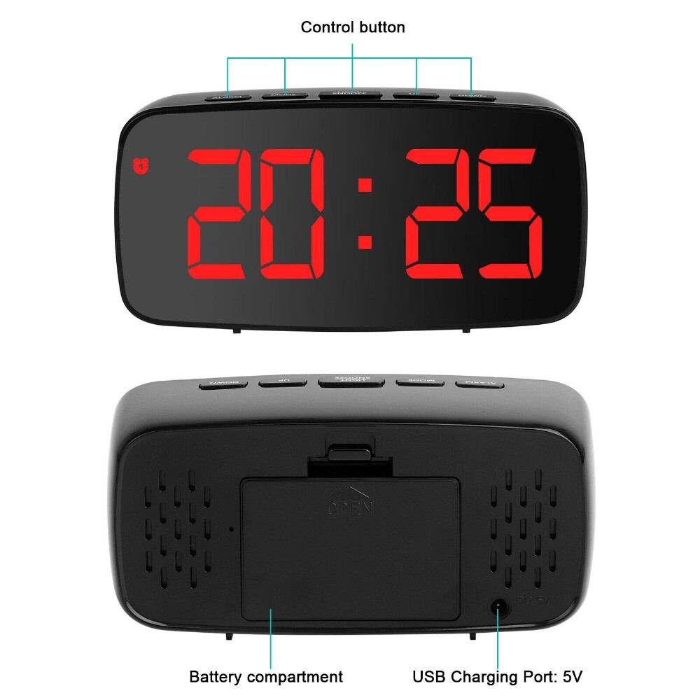 Digital LED Desk Alarm Clock USB Snooze Temperature °C/F Date Display Bedroom