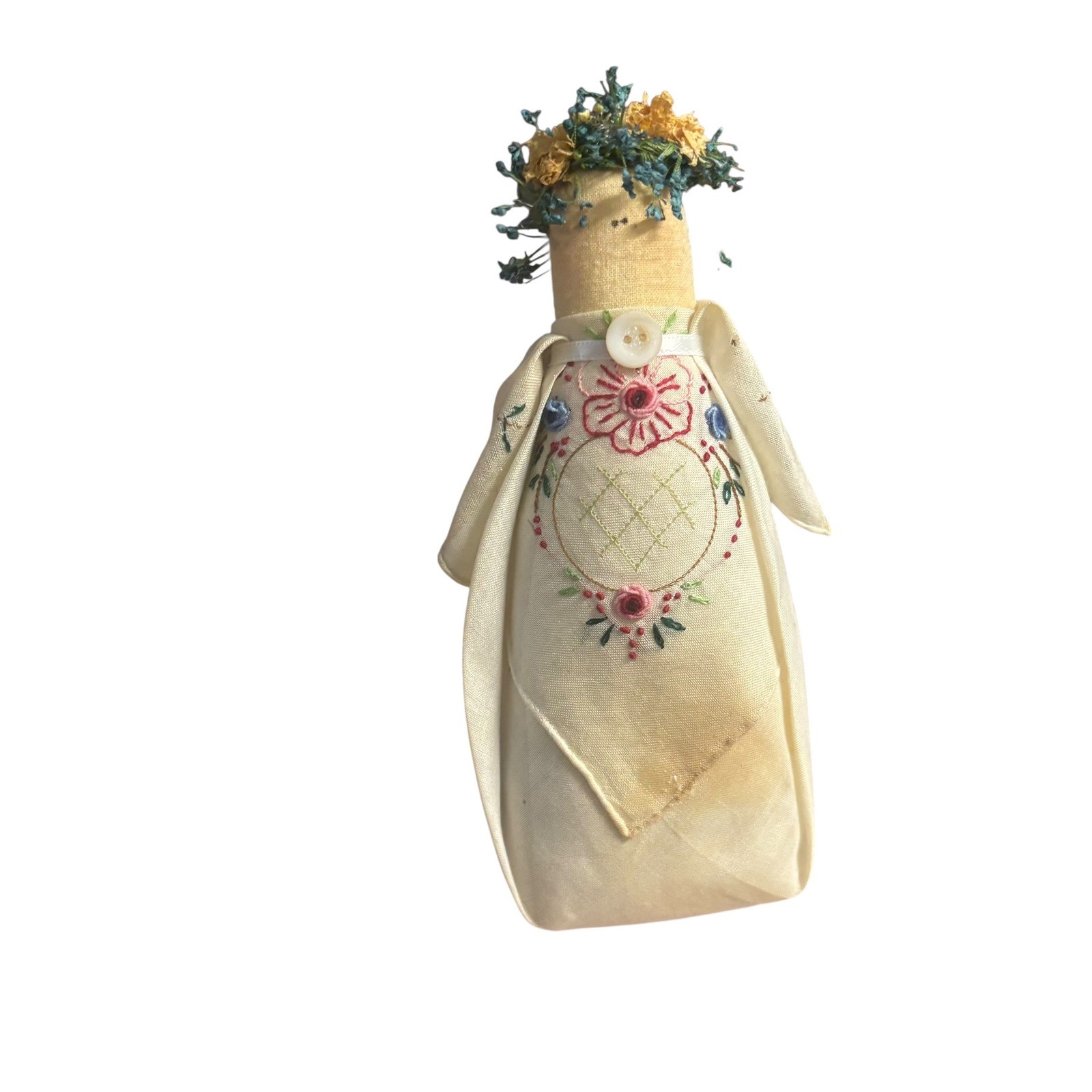 Handmade Primitive Fabric Angel Doll Hand Embroidered Floral Dried Flower Crown