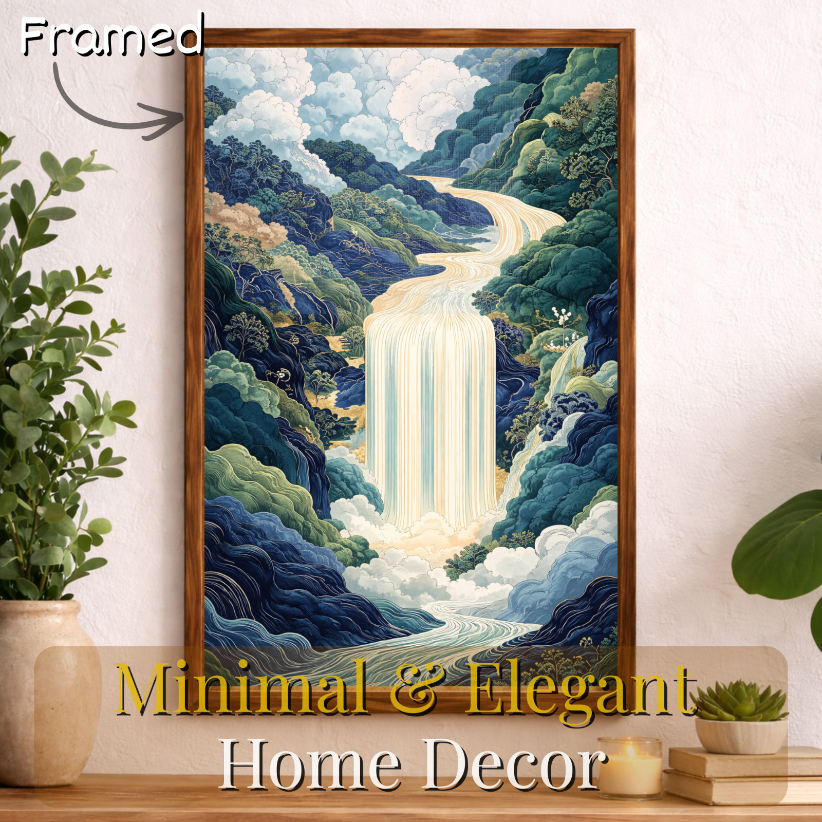 Japanese Waterfall Wall Art Framed 11×17 Asian Landscape Print Zen Nature Decor