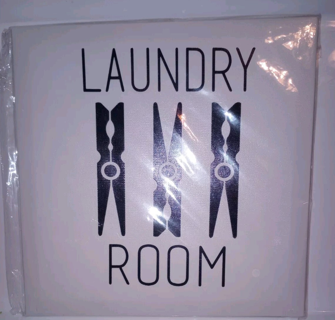Laundry Room Sign Wall Canvas Wood Art S-M 8″ X 8″ Black White Clothes Peg