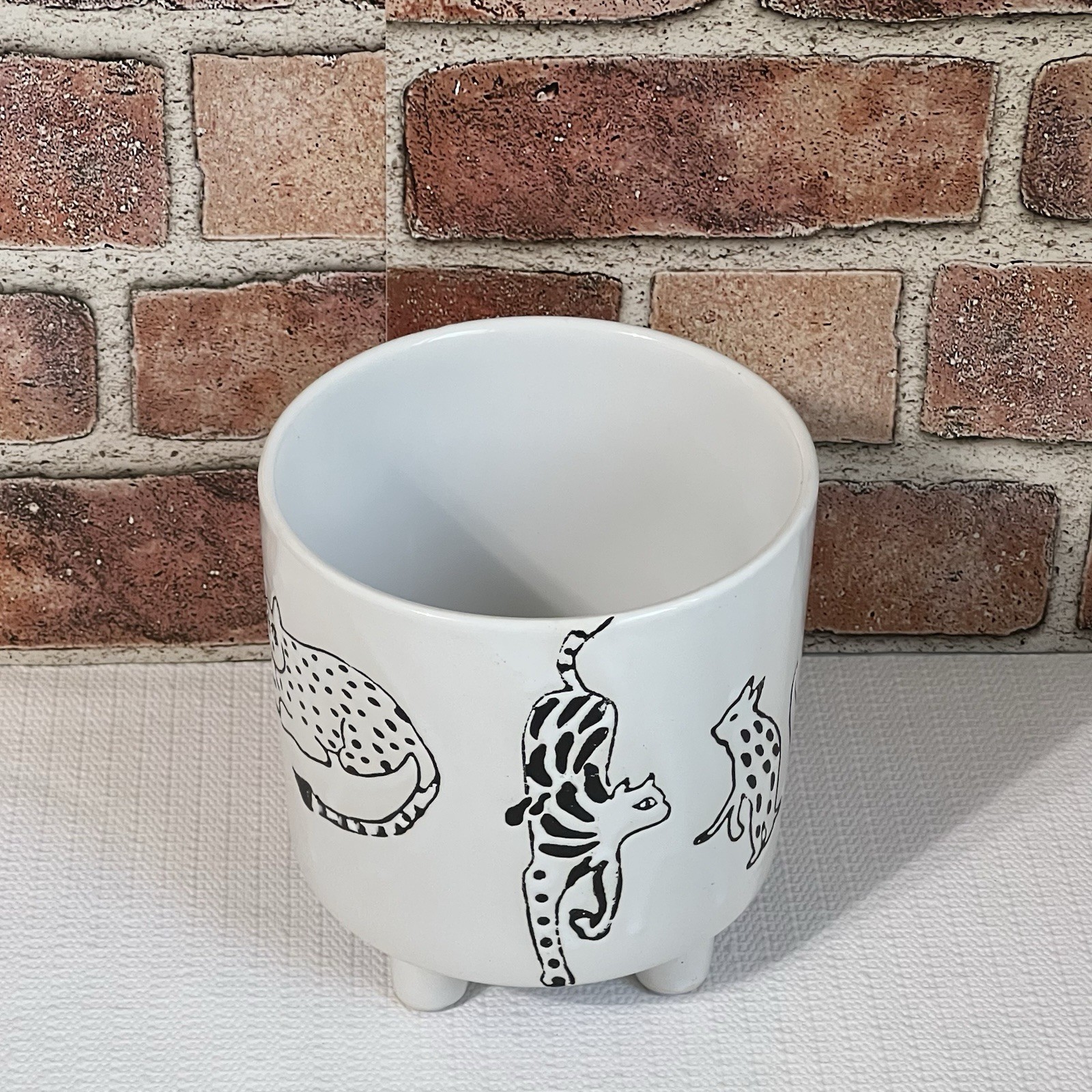 CATS Footed Ceramic Planter Flower Pot Black & White Spotted Animals Cat Lover