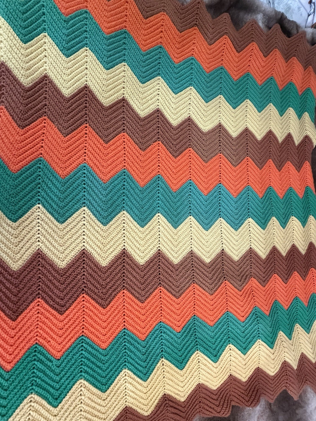 Vintage Handmade Crochet Chevron Afghan Throw Blanket 50×60 Teal Orange Brown