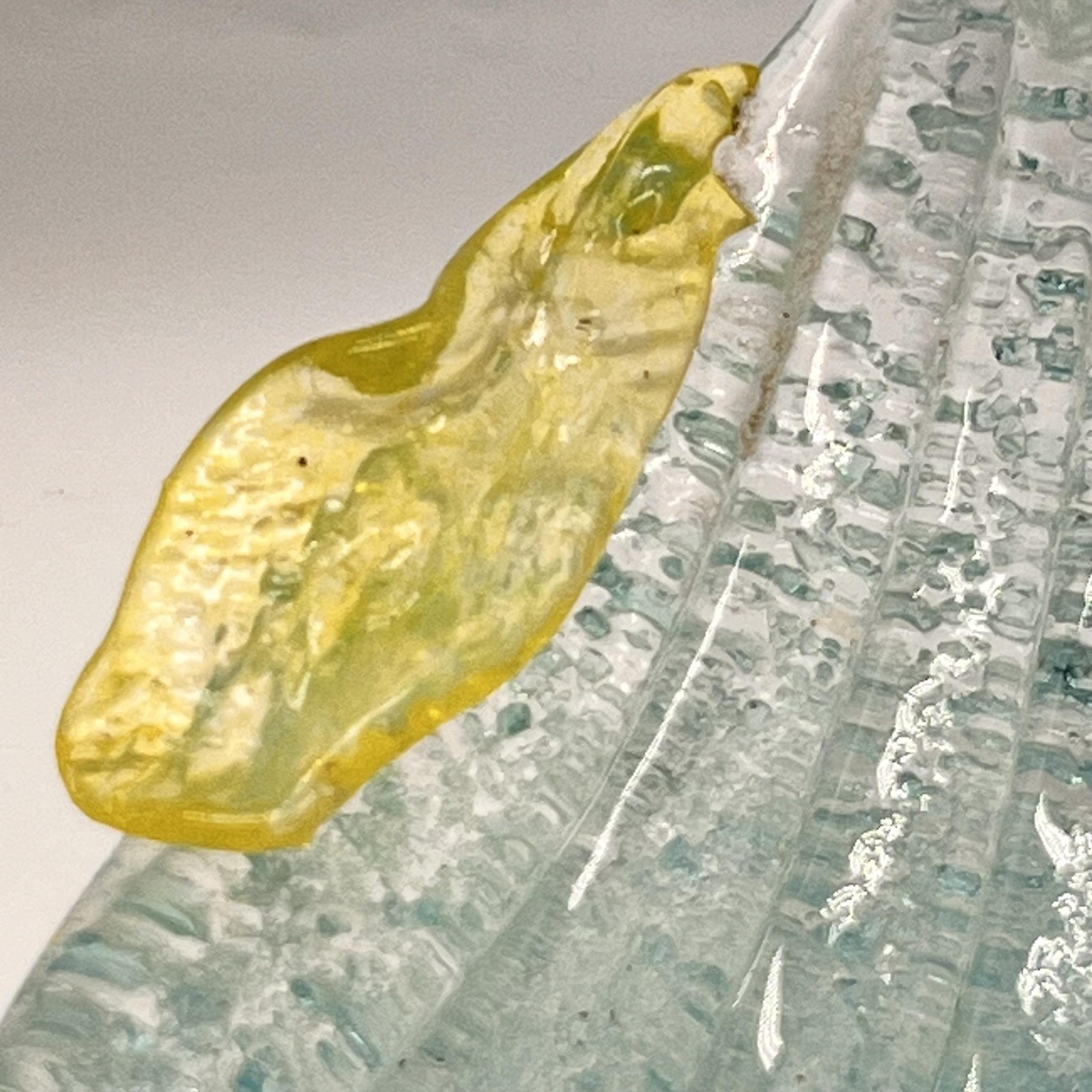 Vintage Studio Art Overshot Glass Shell Bowl Aqua Seafoam Blue Yellow Accent
