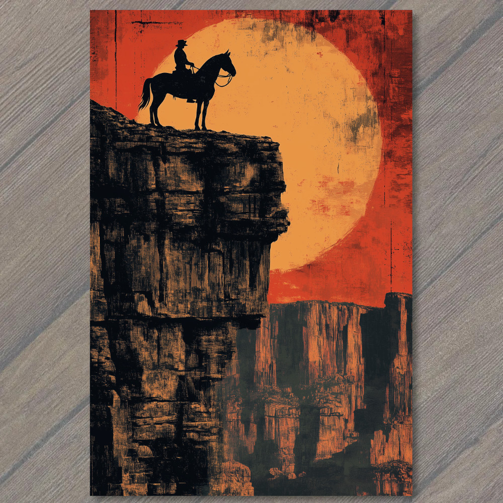 Art Print Lone Rider Horseback High Cliff Orange Sky Retro Mountain View Pixel