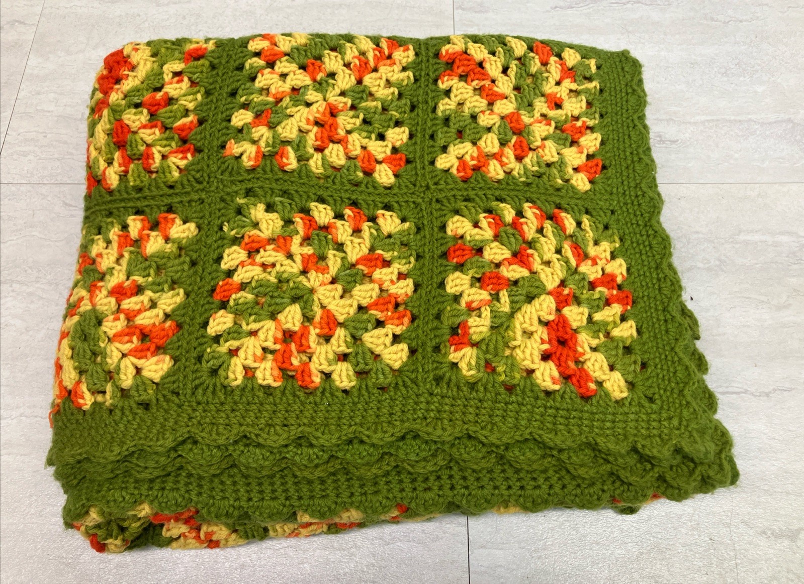 Granny Square Afghan Green Orange Yellow Blanket 60”x72” Psychedelic Spring