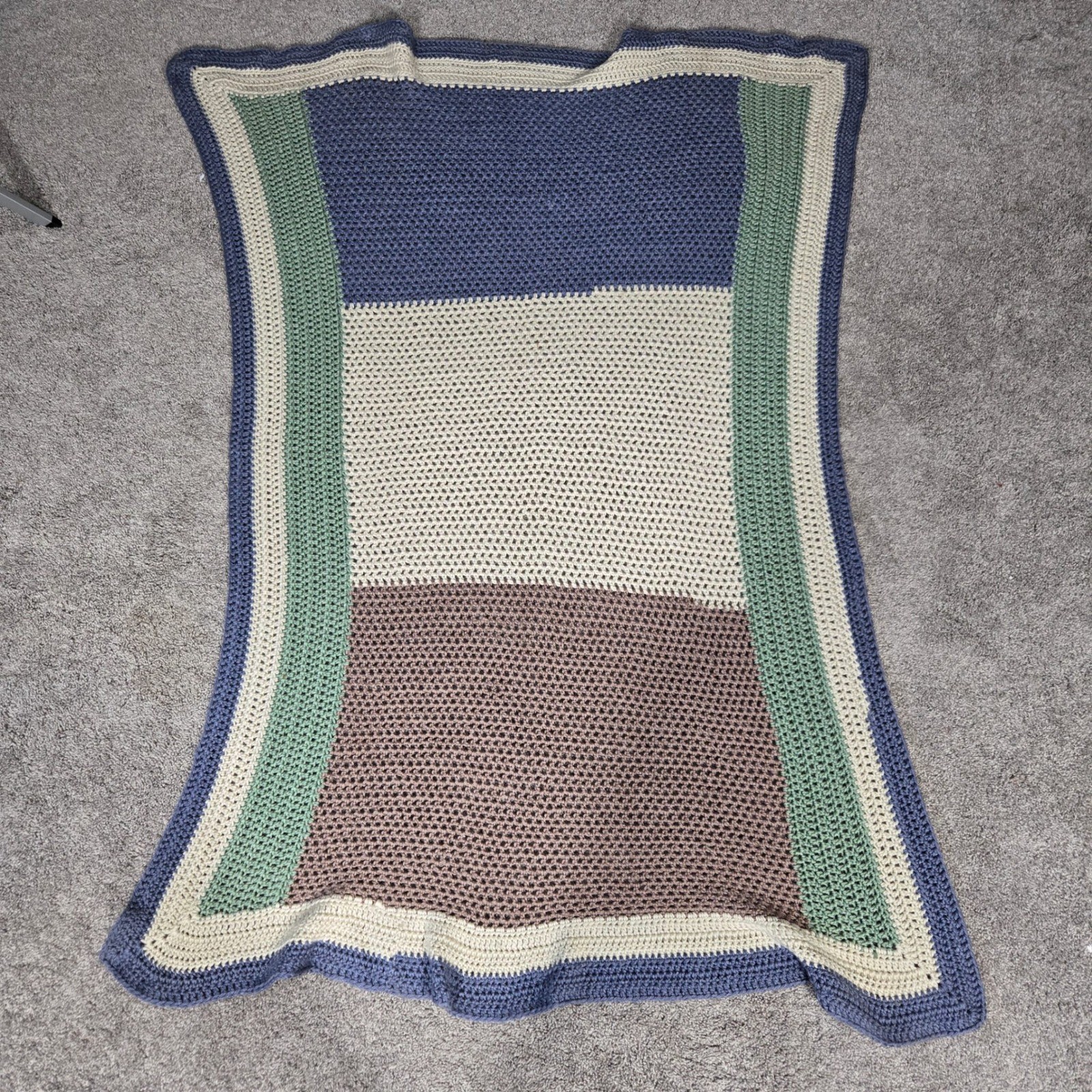 Handmade Crochet Throw Blanket Colorblock Blue Green Cream Mauve Afghan 34×57