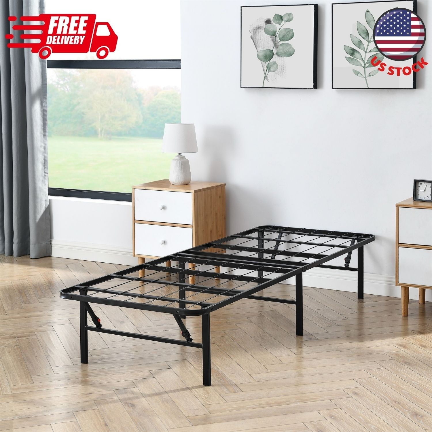 14″ High Profile Foldable Steel Twin Platform Bed Frame, Black