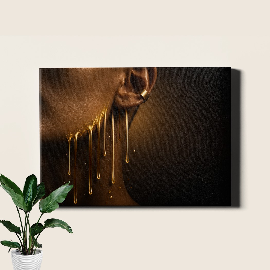 Black and gold portrait Wall Art with dripping gold accents