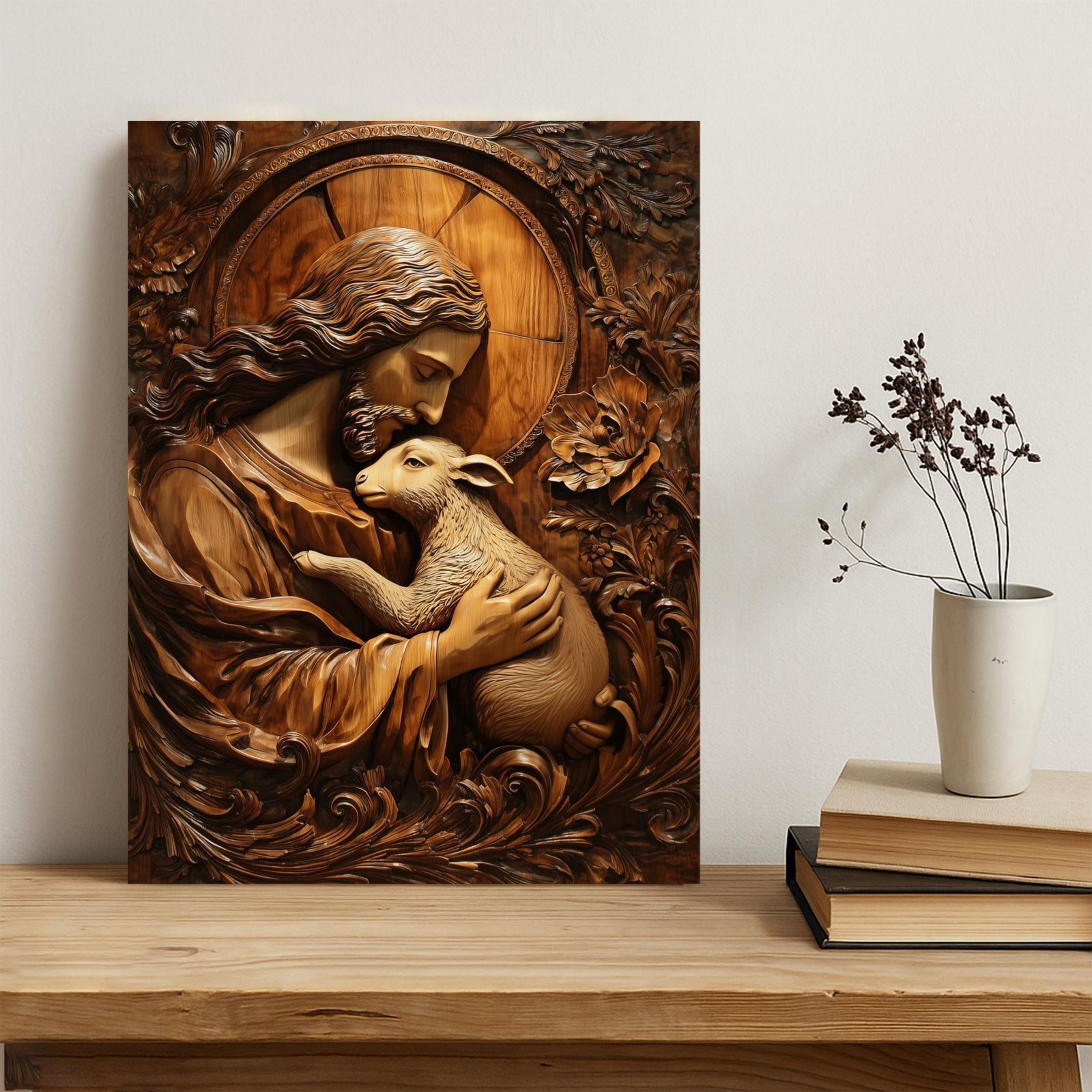 Jesus Good Shepherd Wood Carving Christian Canvas Wall Art Lamb