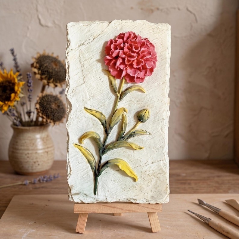 3D Floral Relief Resin Plaque Wall Decor, Painted Multicolor Rectangle Panel