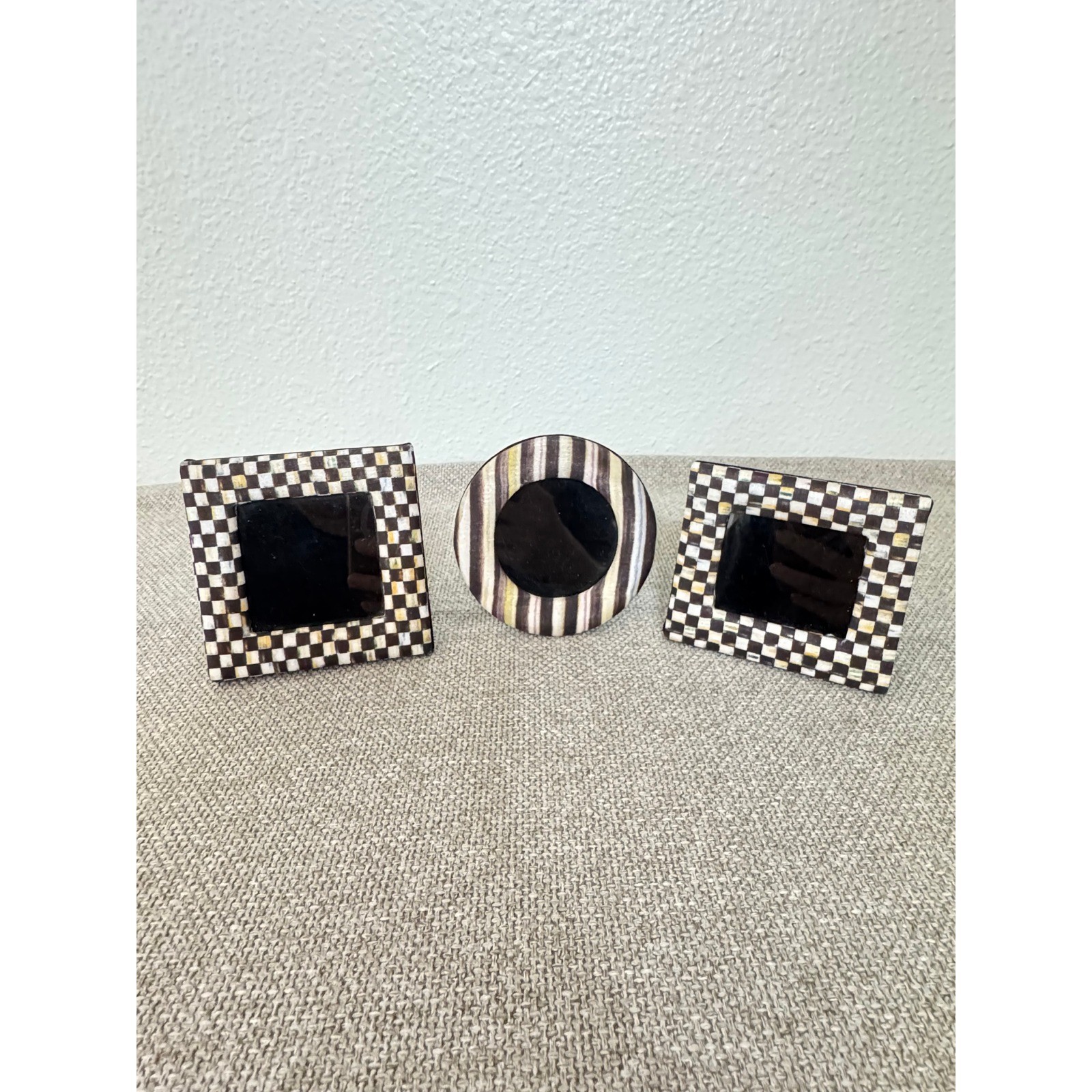 MacKenzie Childs Fabric Picture Frame Mini Black Courtly Check Striped Set of 3