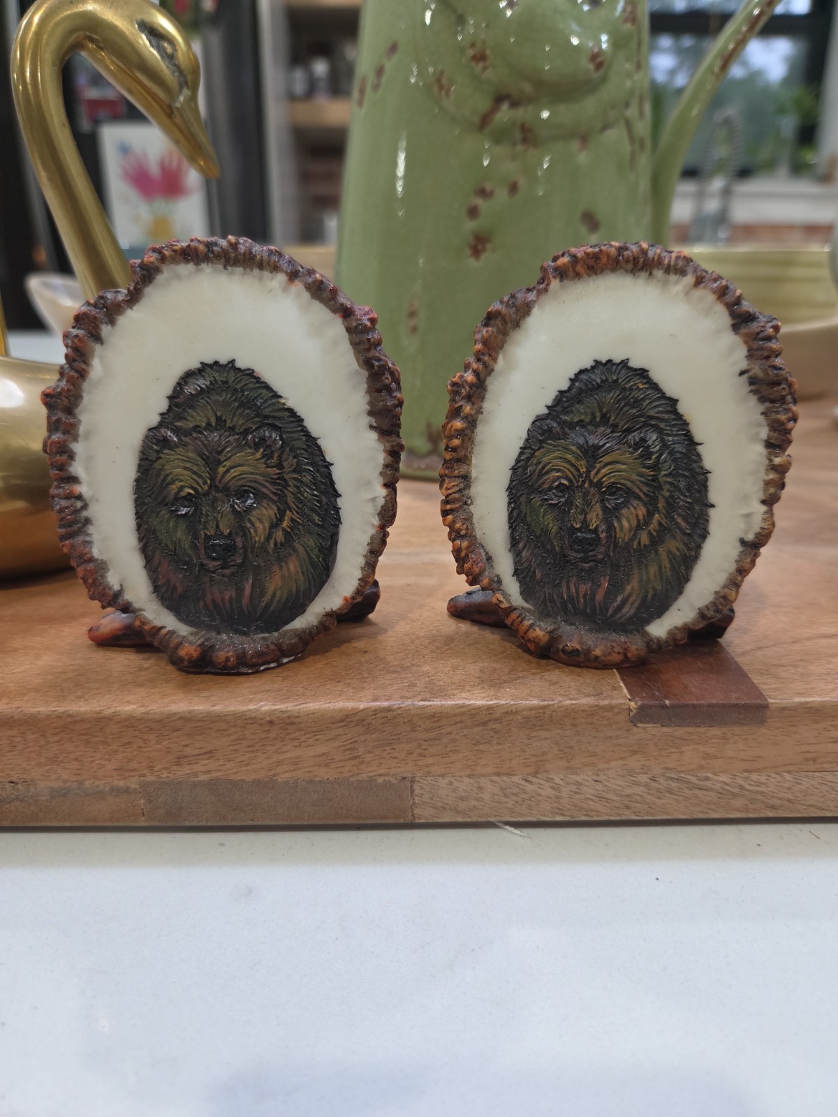 Set of 2 Vintage Faux Resin Elk Antler Burr Grizzly Bear Etched Wildlife Plaques