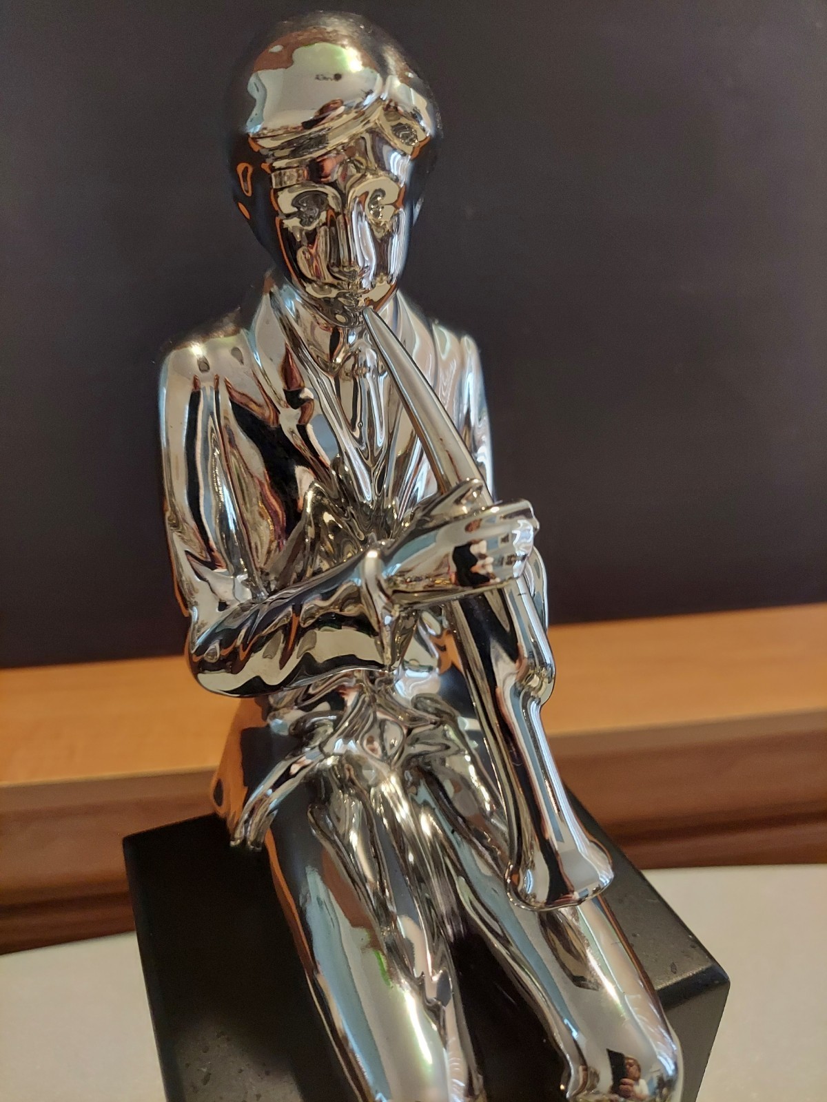 Musician Ceramic Silver Sculpture On A Black Resin Base Box – Trumpet Player is