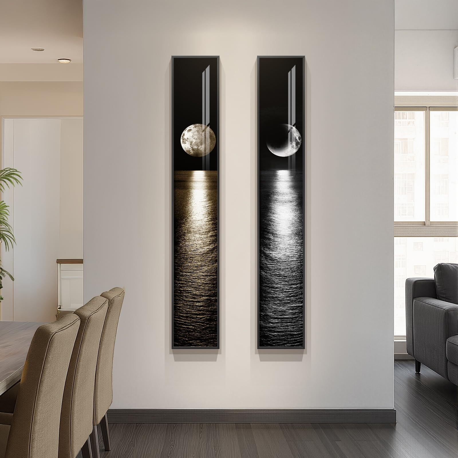 Framed Long Narrow Vertical Moon Wall Art Set of 2, Modern Black White Gold B…