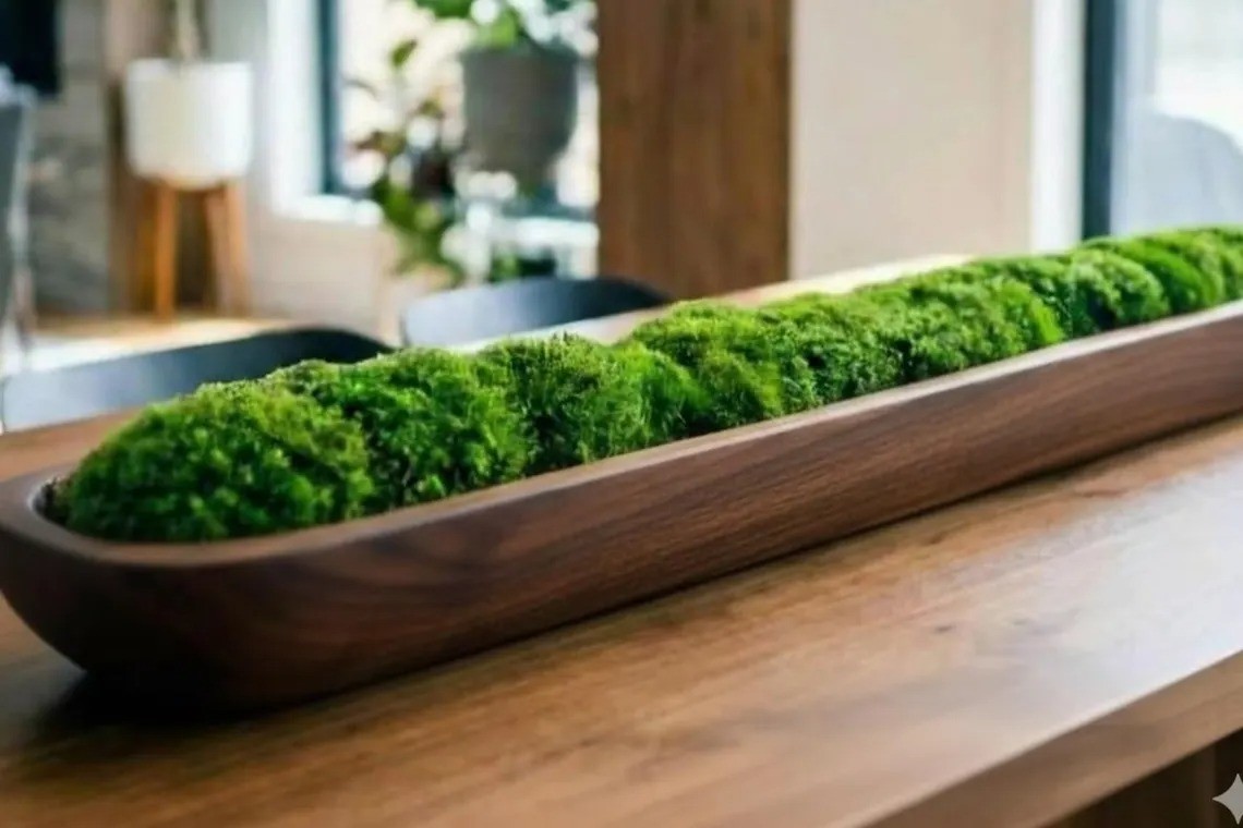 Long Moss bowl centerpiece for dining table Dark Brown Walnut – 20x6x3 inch