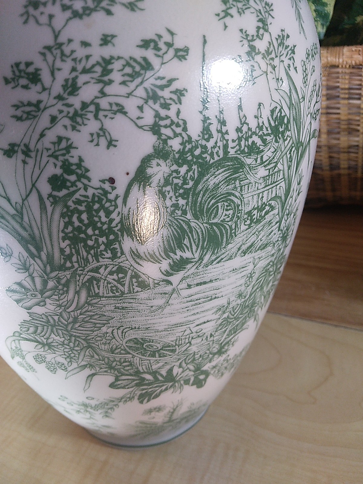 Large Porcelain White/Green Rooster-Greenery Decorative Vases Lot Of 2 Unbranded