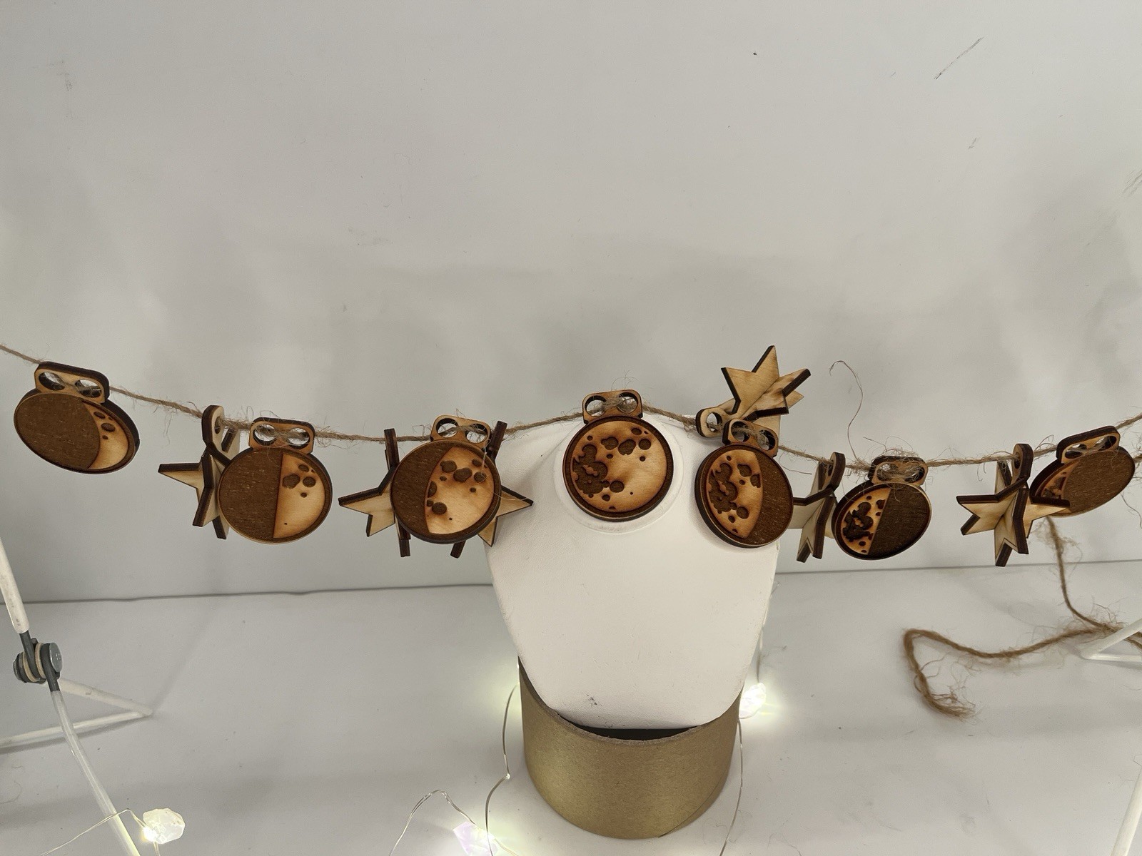 Wooden Lunar Phase Moon & Stars Boho Wall Hanging Decor 60” String Laser Craft