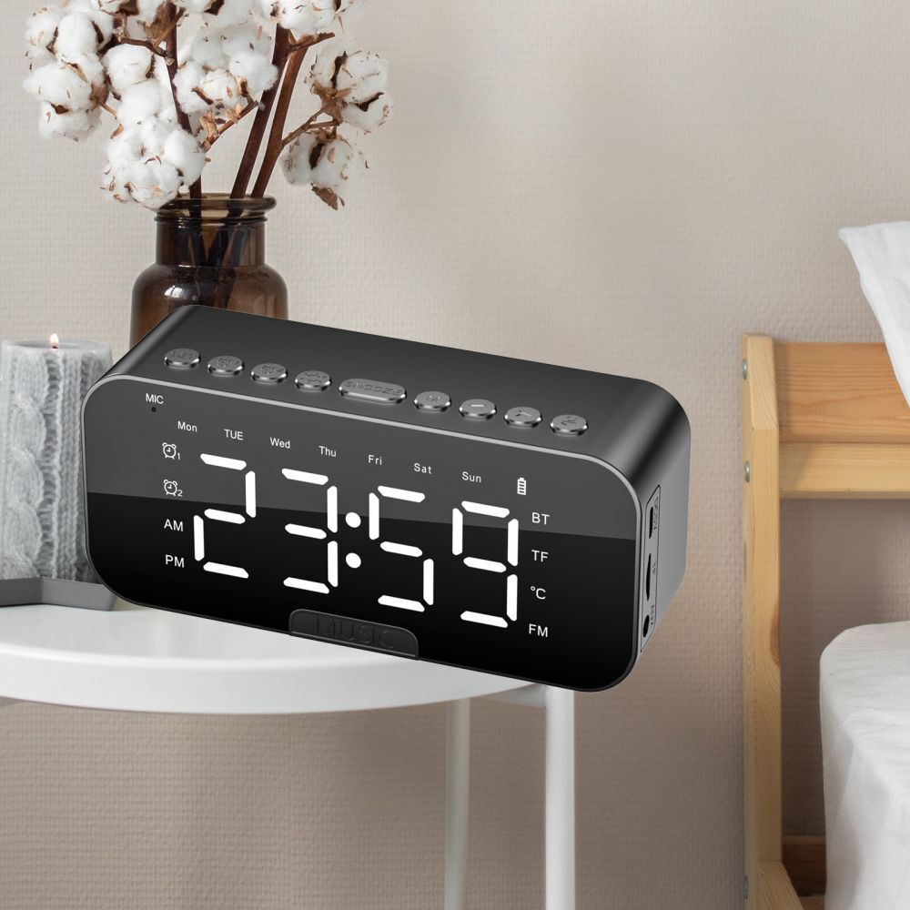 Portable Digital Alarm Clock FM Radio Wireless Bluetooth Mirror LED With Speaker