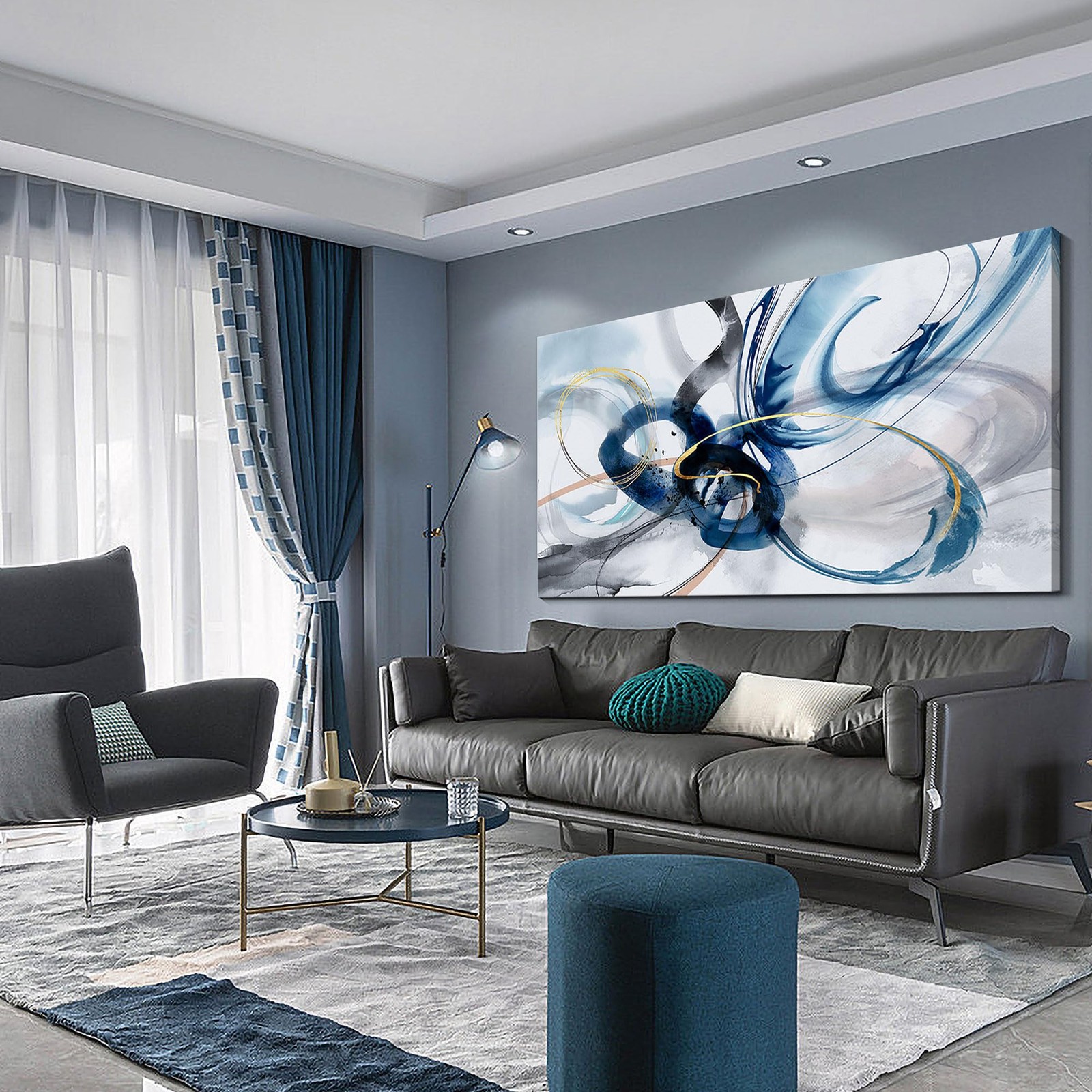 Modern Large Abstract Wall Art – Bright and Bold Line Design – Blue and White…