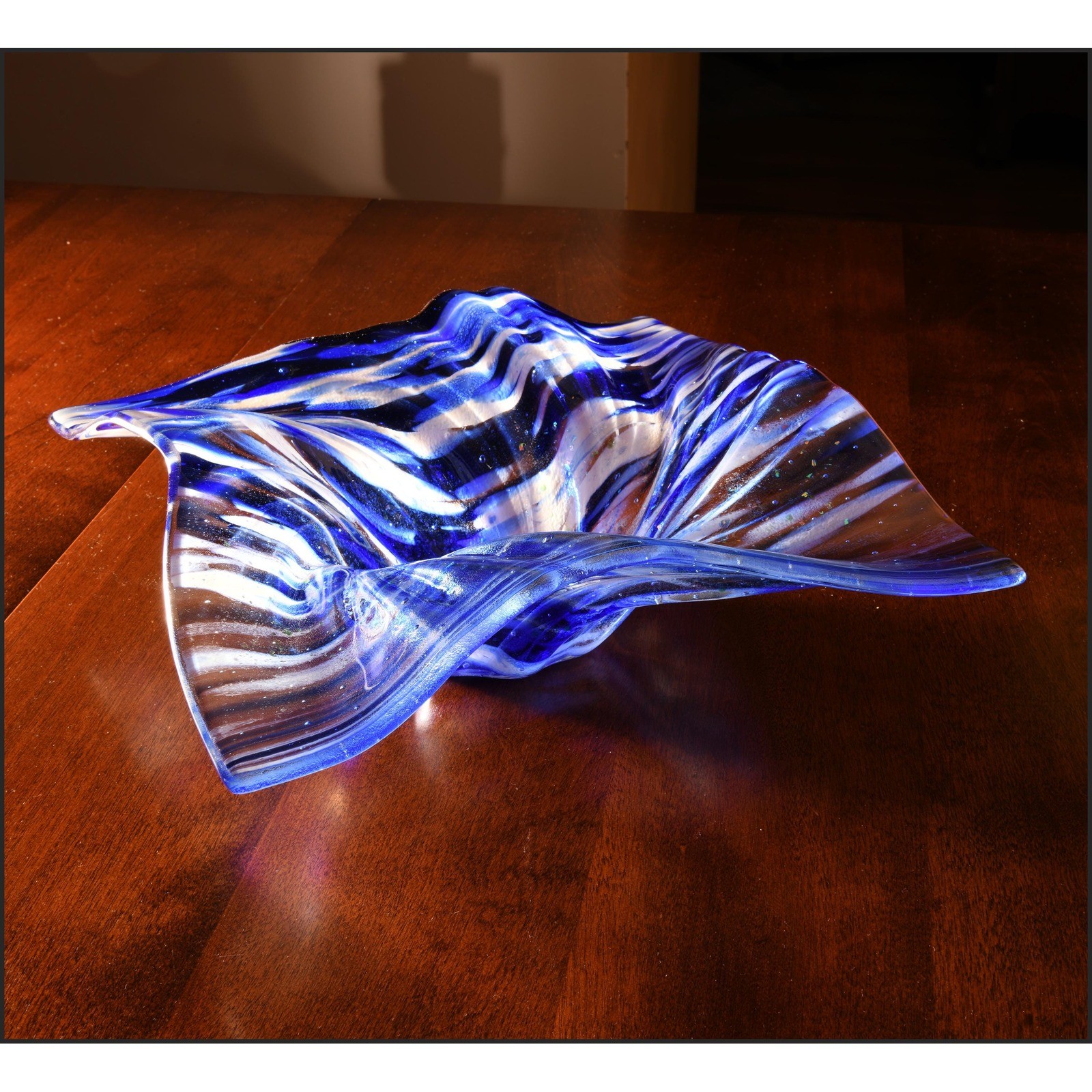 Glass Art Fused Spiral Bowl in a Blue Wave Elegant Design Handmade