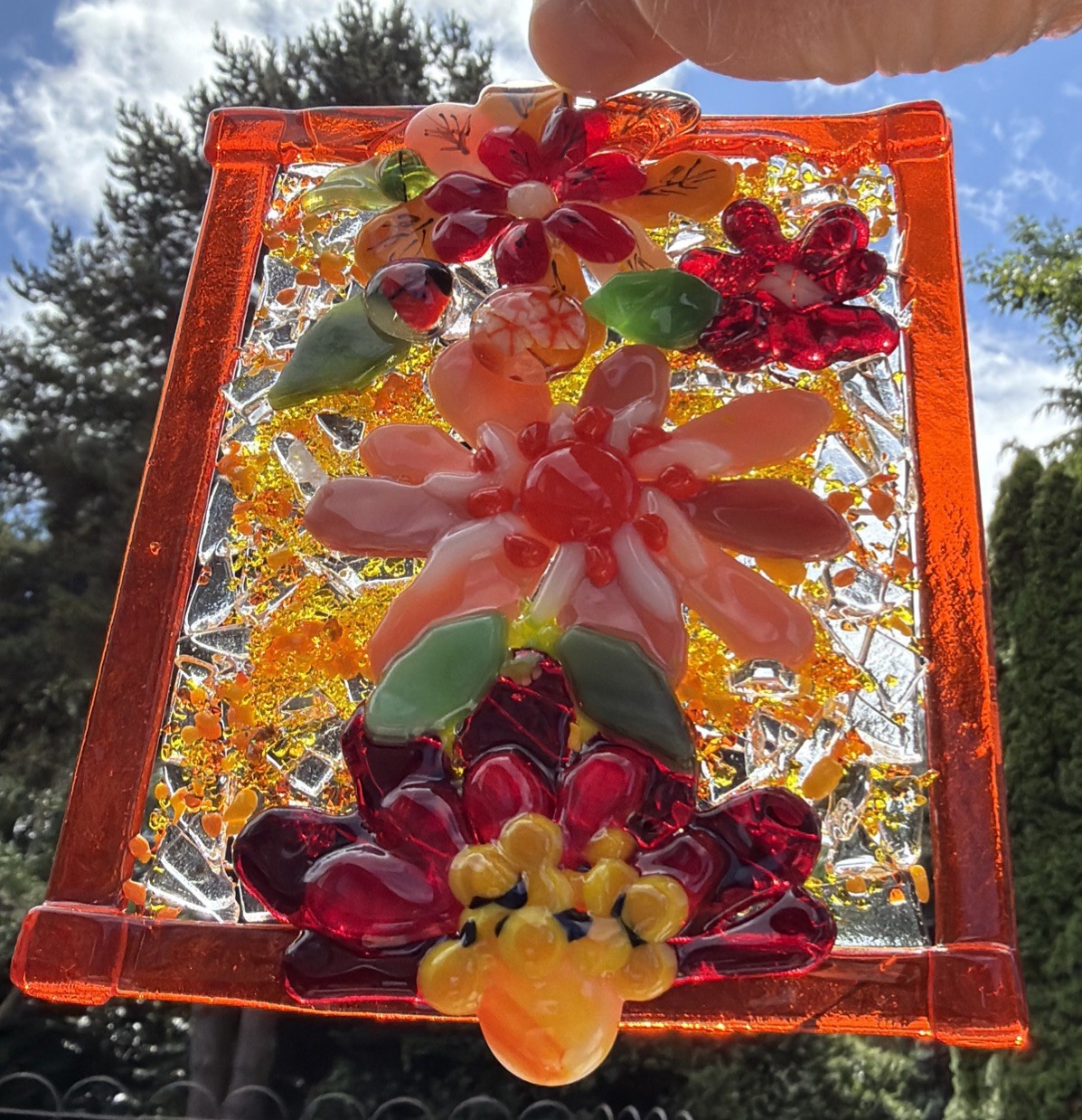 Fused Glass Handmade Flowered Rectangular Multicolor Sun Catcher Signed