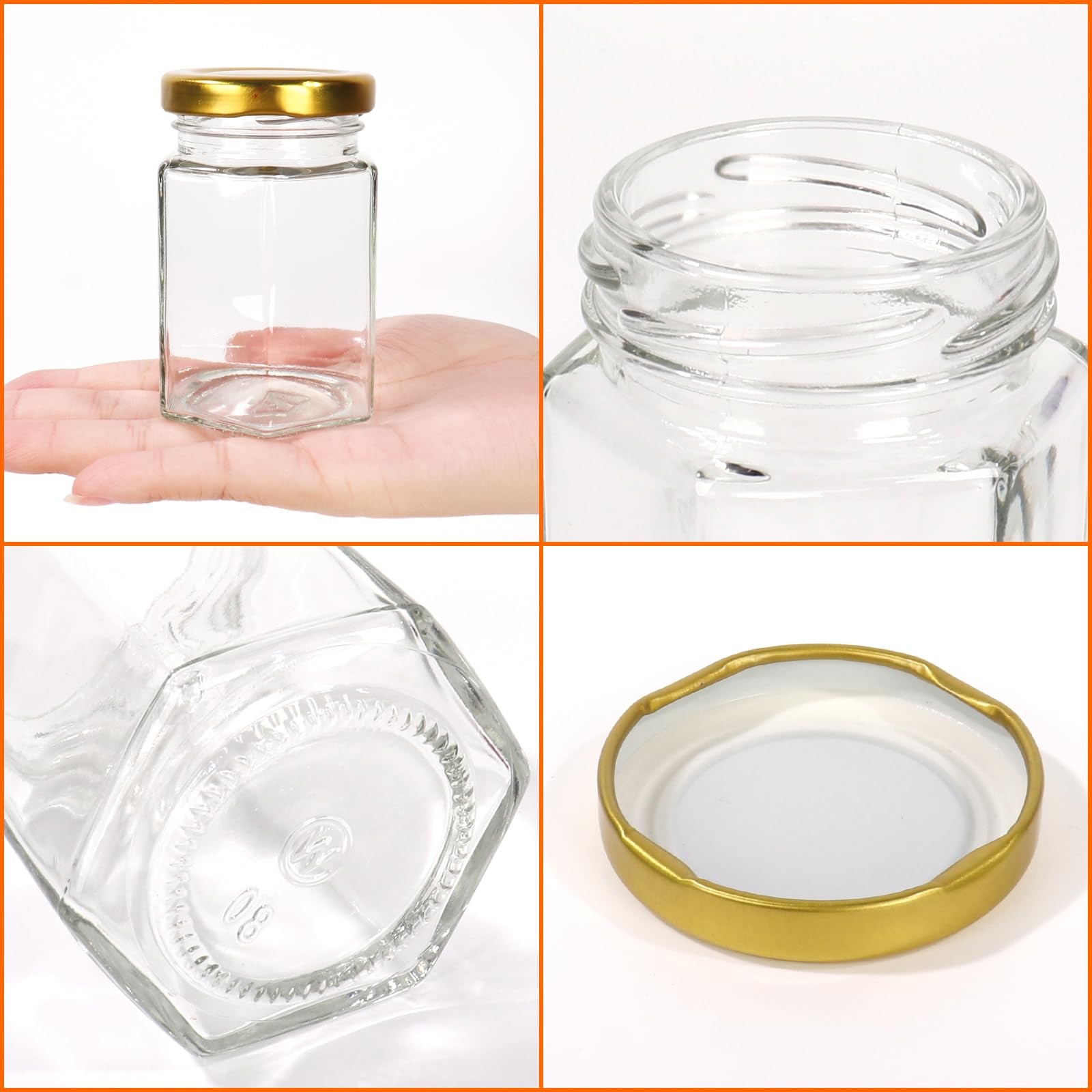 BIGIVACA 4 oz Hexagon Mini Glass Honey Jars with Wood Dippers,30 4 oz-30 pack