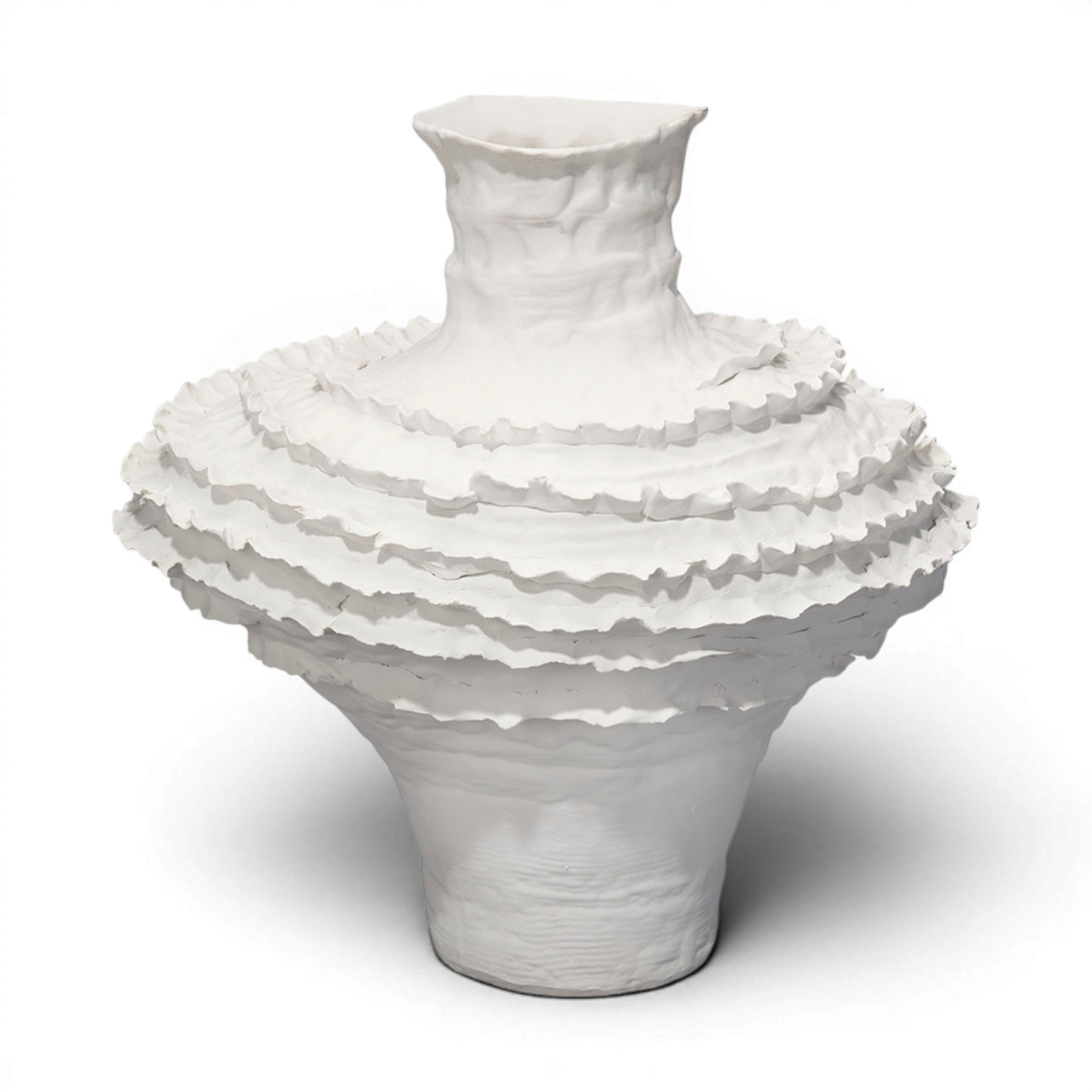 New Artisan Sculptural Porcelain Reef Vase in Matte White 14″