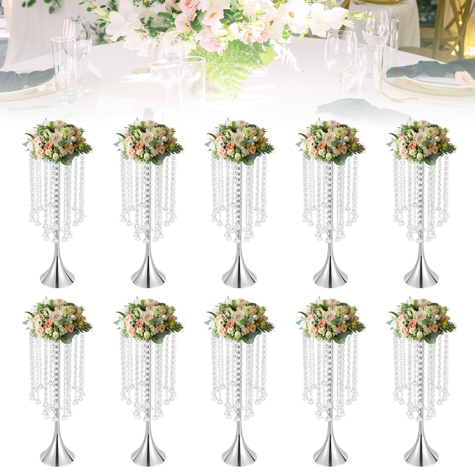 10 Pcs 21.9″ Tall Vase Trumpet Vases Wedding Centerpieces Fit for Party Silver