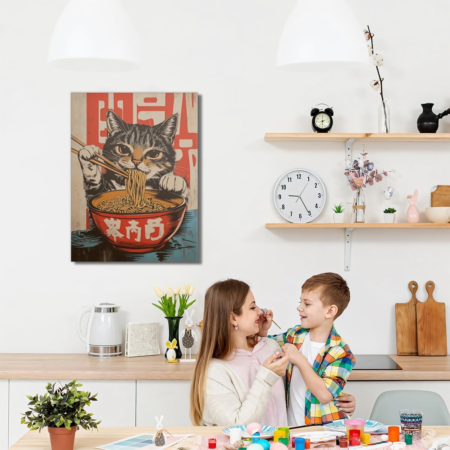 Whimsical Black Cat Eating Ramen Canvas Art Set of 2 – Unique Gift