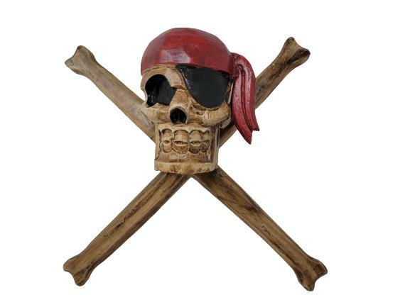 Wooden Pirate Skull and Crossbones Wall Beach House Tiki Bar Pool Decor 12″x12″