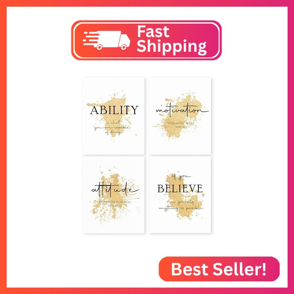 HRQKO Office Gold Inspirational Wall Art Poster Prints Set of 4, Motivational Wa