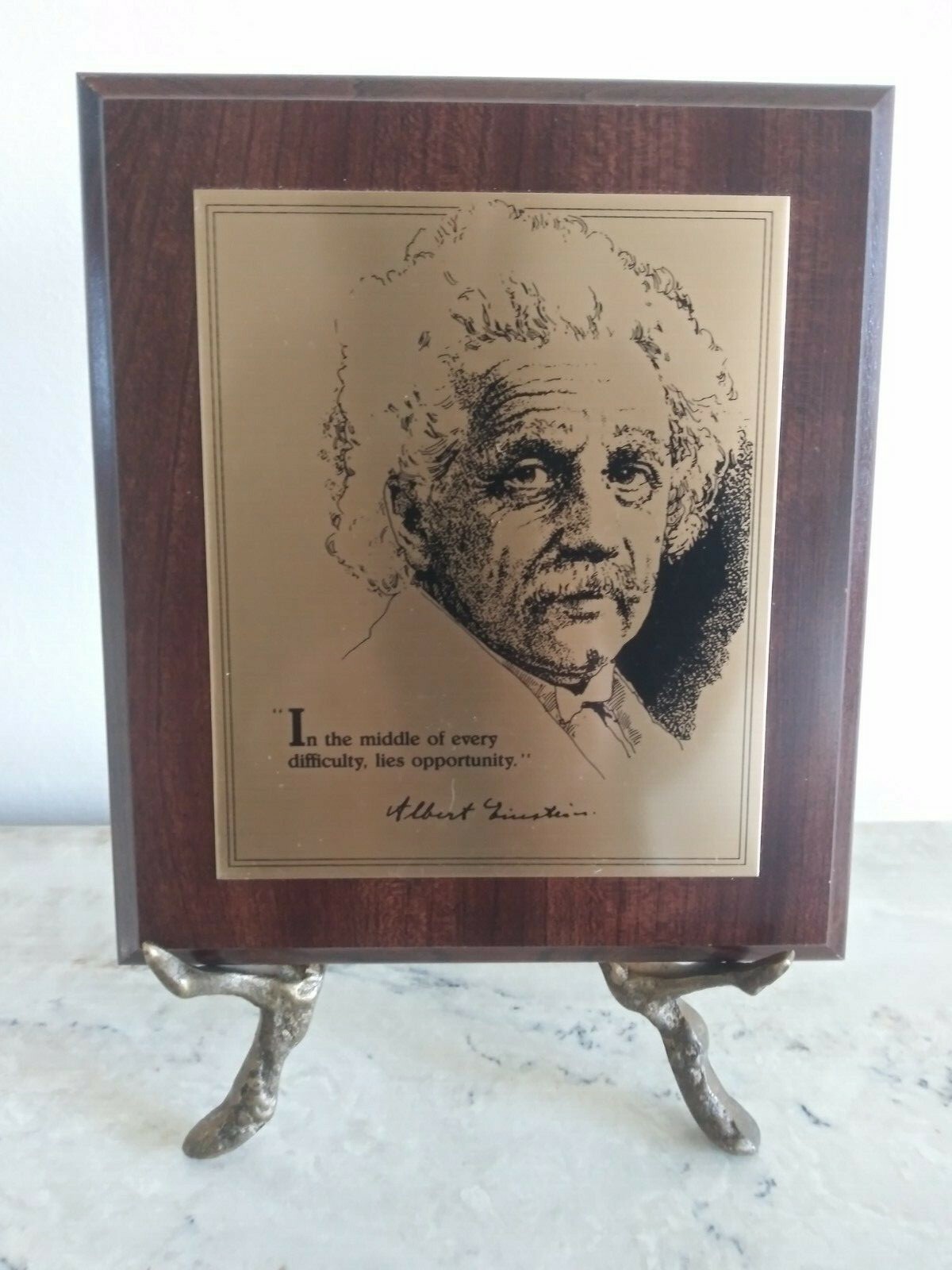 Albert Einstein Picture with Einstein Quote Etched on Metal on Wood Plaque