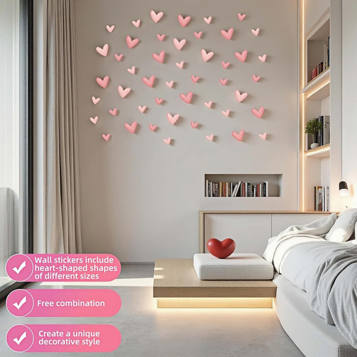 60 Pcs Pink Heart Wall Decals, Repositionable PVC Wall Decals for Girls Room, Nu