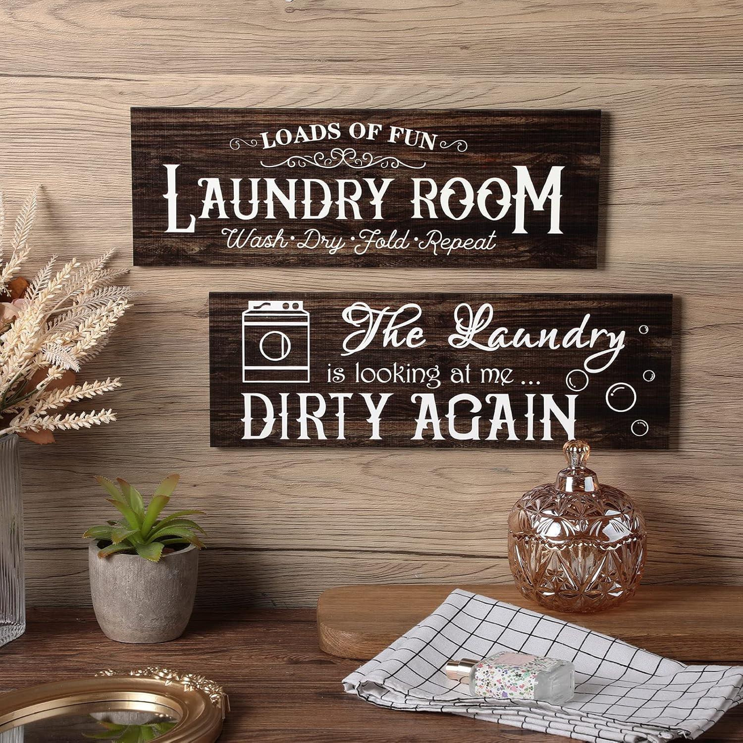 Rustic Wooden Laundry Room Signs – Vintage Farmhouse Wall Decor (Set of 2)