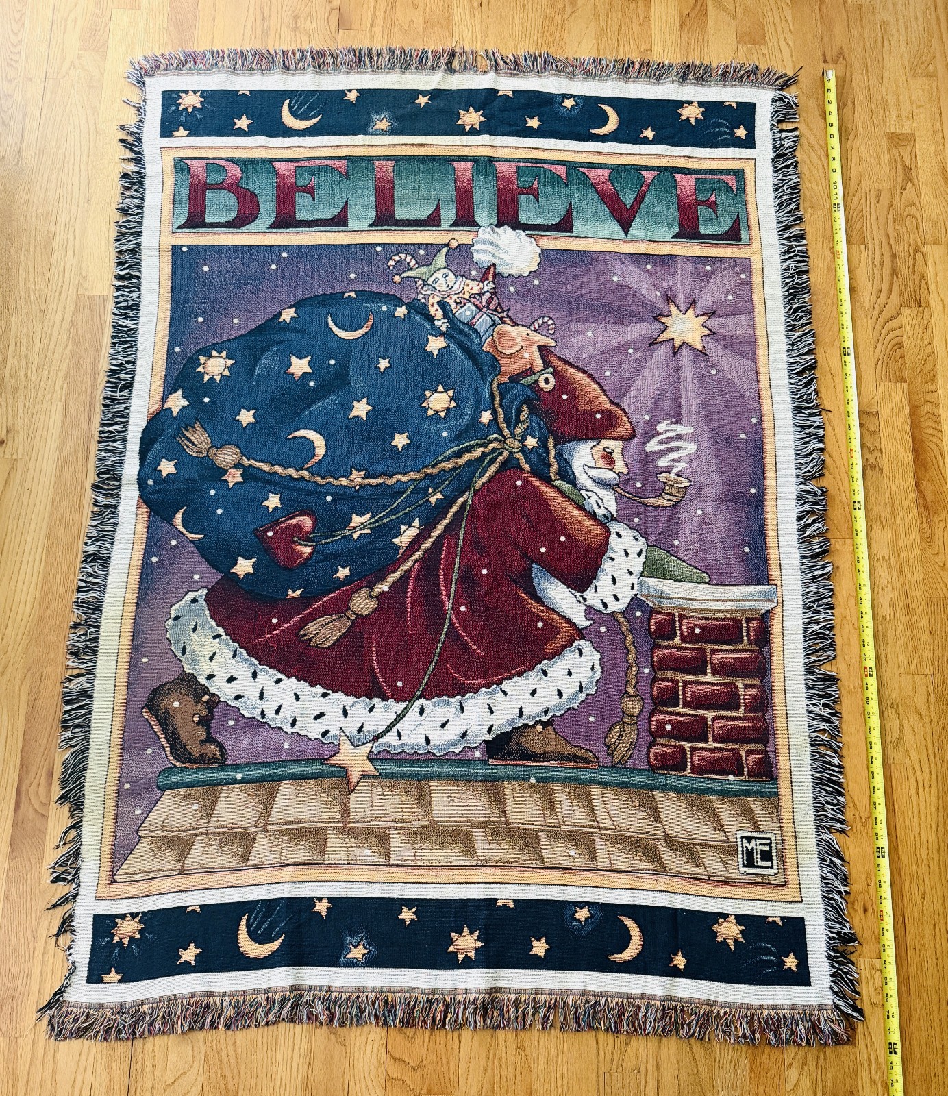 VTG SANTA CLAUS CHRISTMAS THROW BLANKET MARY ENGELBREIT BELIEVE Tapestry 51×72