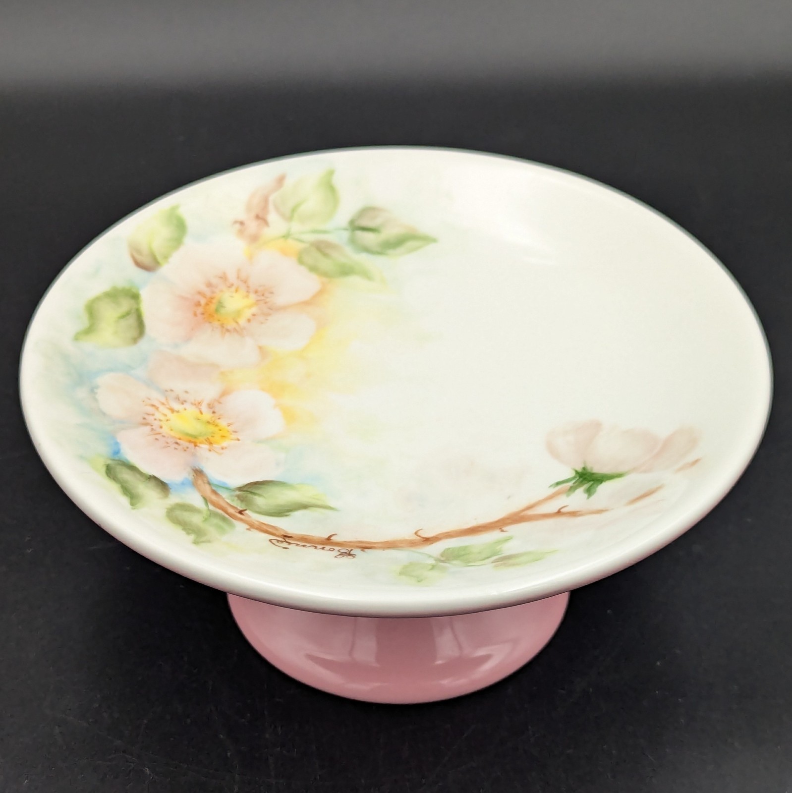 Vanity Trinket Tray 6″ Hand Painted Pink Wild Rose Floral Pedestal ~ Vintage EUC
