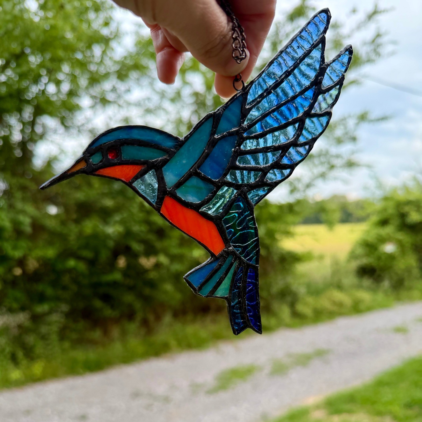 Blue Kingfisher Stained Glass Suncatcher Bird Window Hanging Decor 7.5 Inch