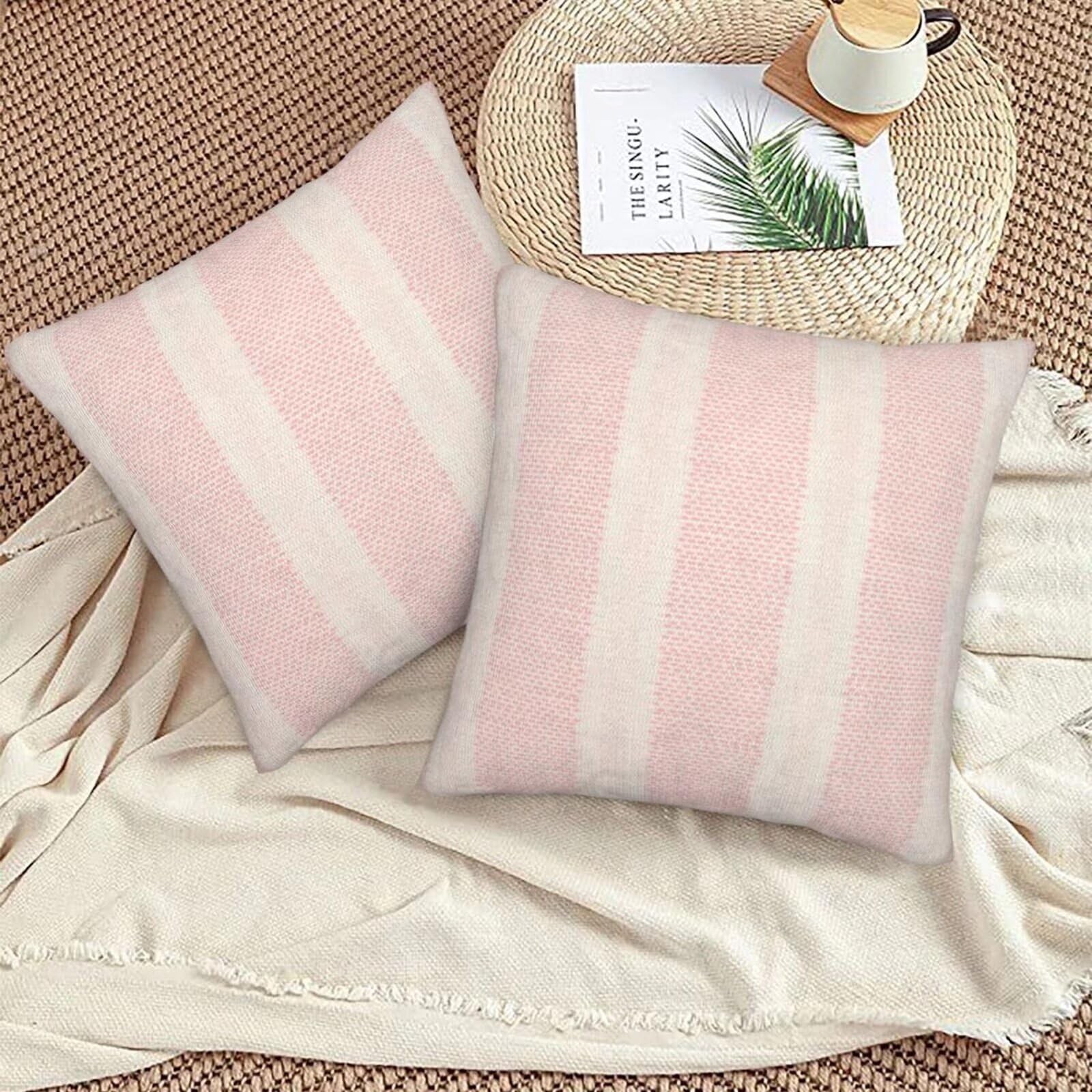 Pink Polka Dot Pillow Covers 18 x 18 Inch Set of 2 Boho Striped Decorative Ou…