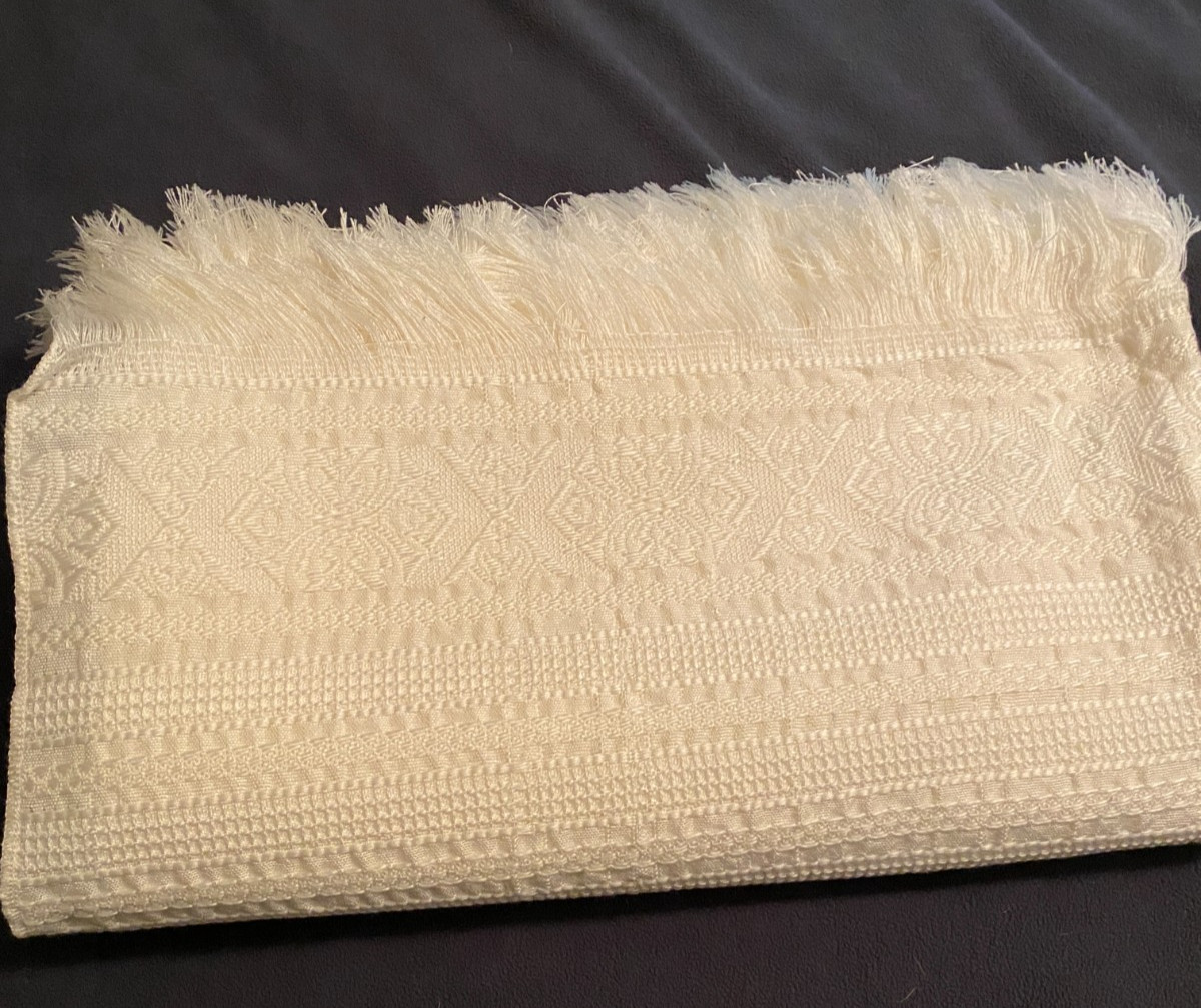 New! Vintage OOK Fringed Queen Blanket Handcrafted Mediterranean Greek Ivory