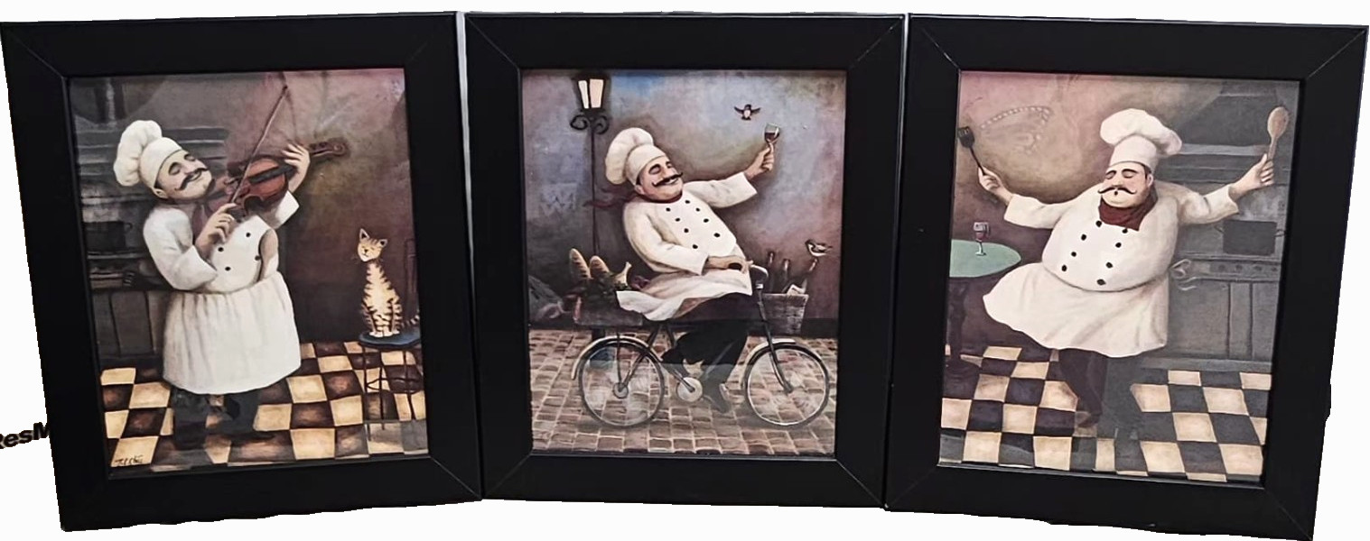 Whimsical Fat Chef Framed Wall Art Prints Set of 3 Kitchen Decor 12″x10″
