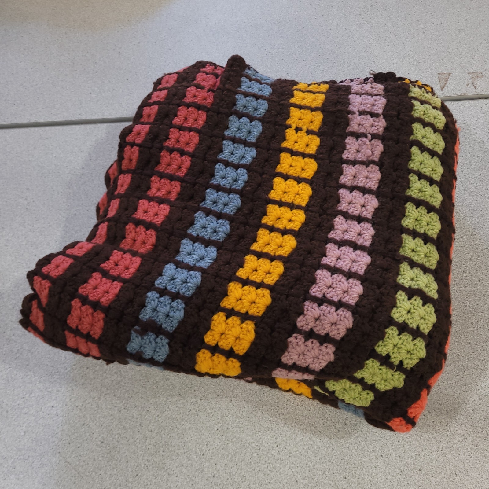 Vtg Granny Square Crochet Throw Blanket Afghan ~56×56 Handmade Brown Multicolor