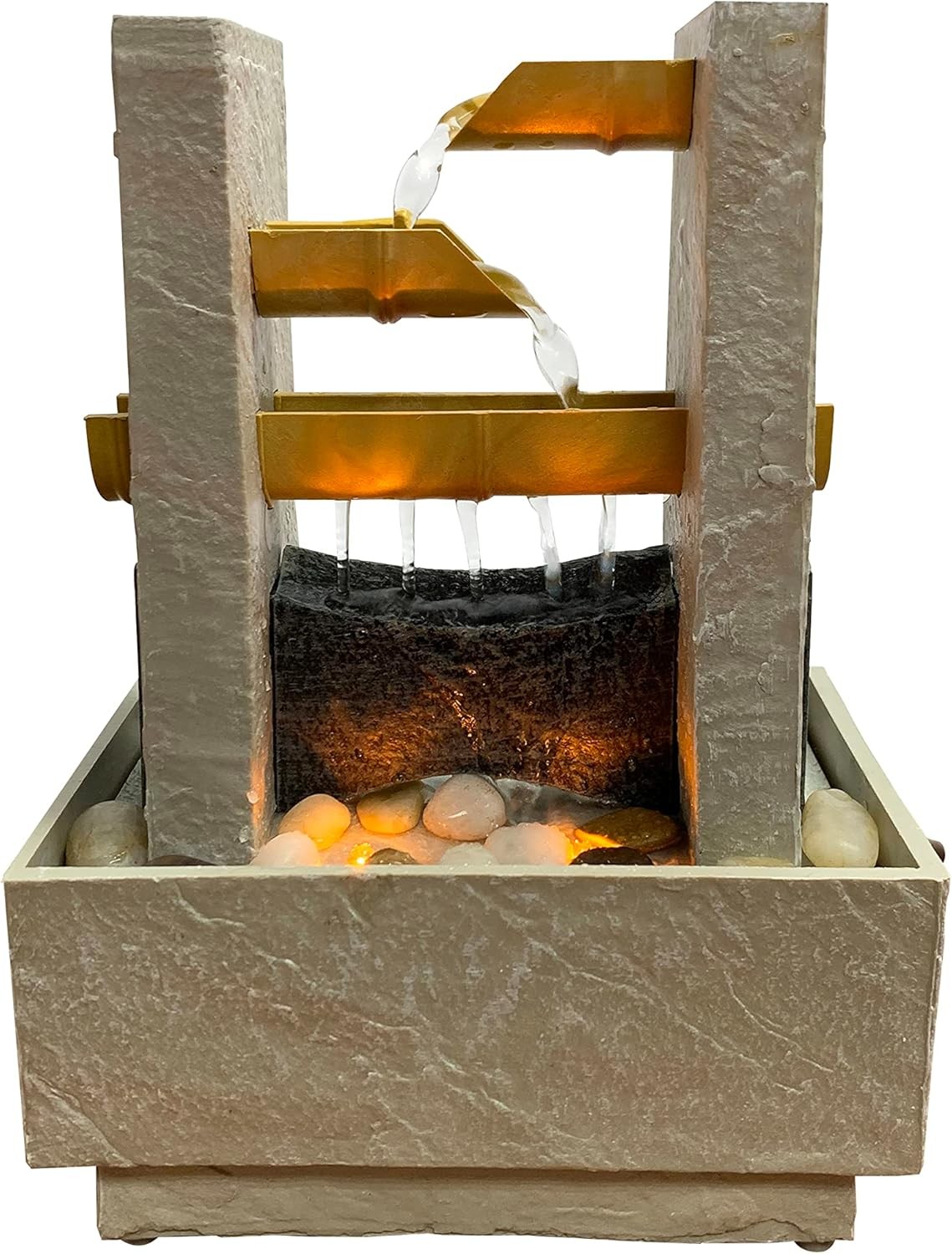 Tabletop Water Fountain Cascading Bamboo with Natural River Rocks & LED Lights
