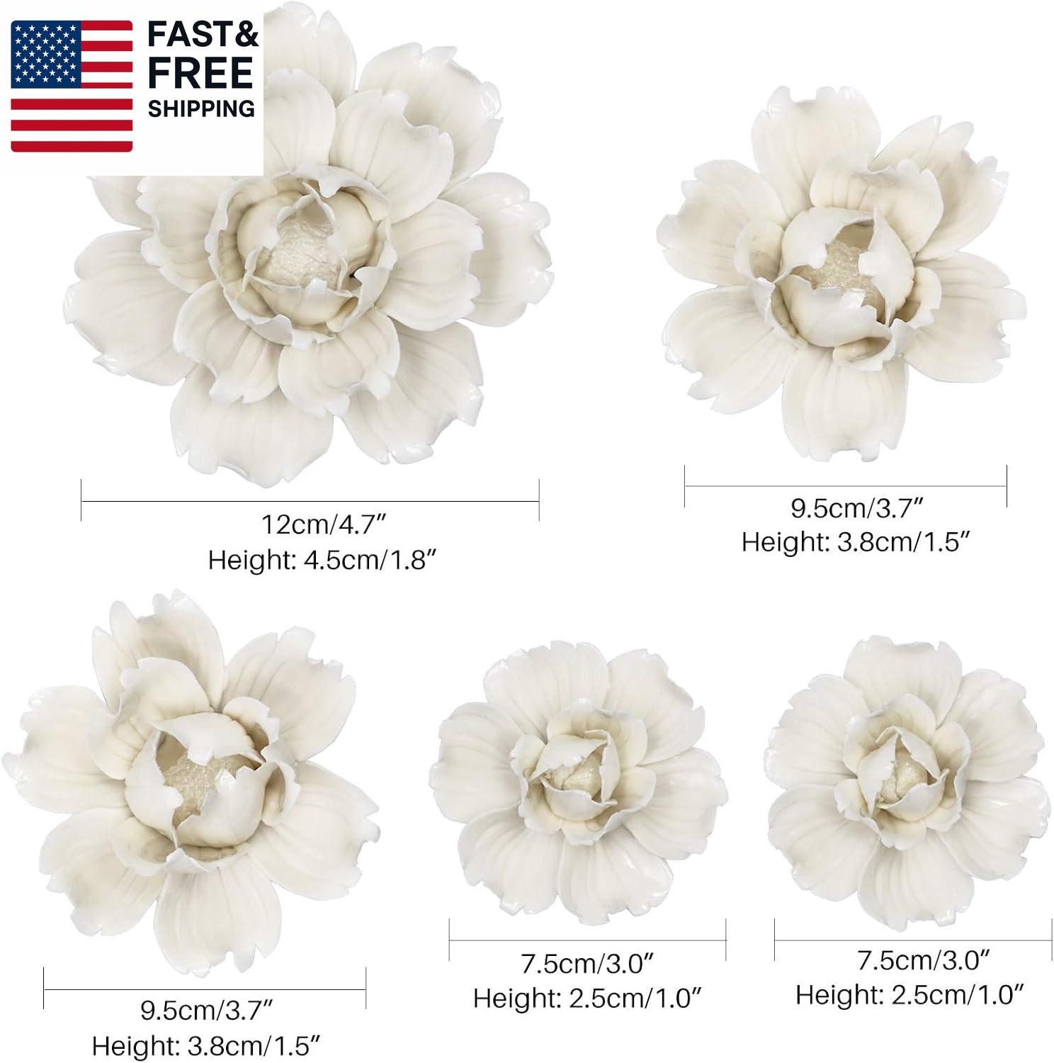 5 Pcs Ceramic Flower Wall Decor Handcrafted 3D Hanging Porcelain Flowers Wall Ar