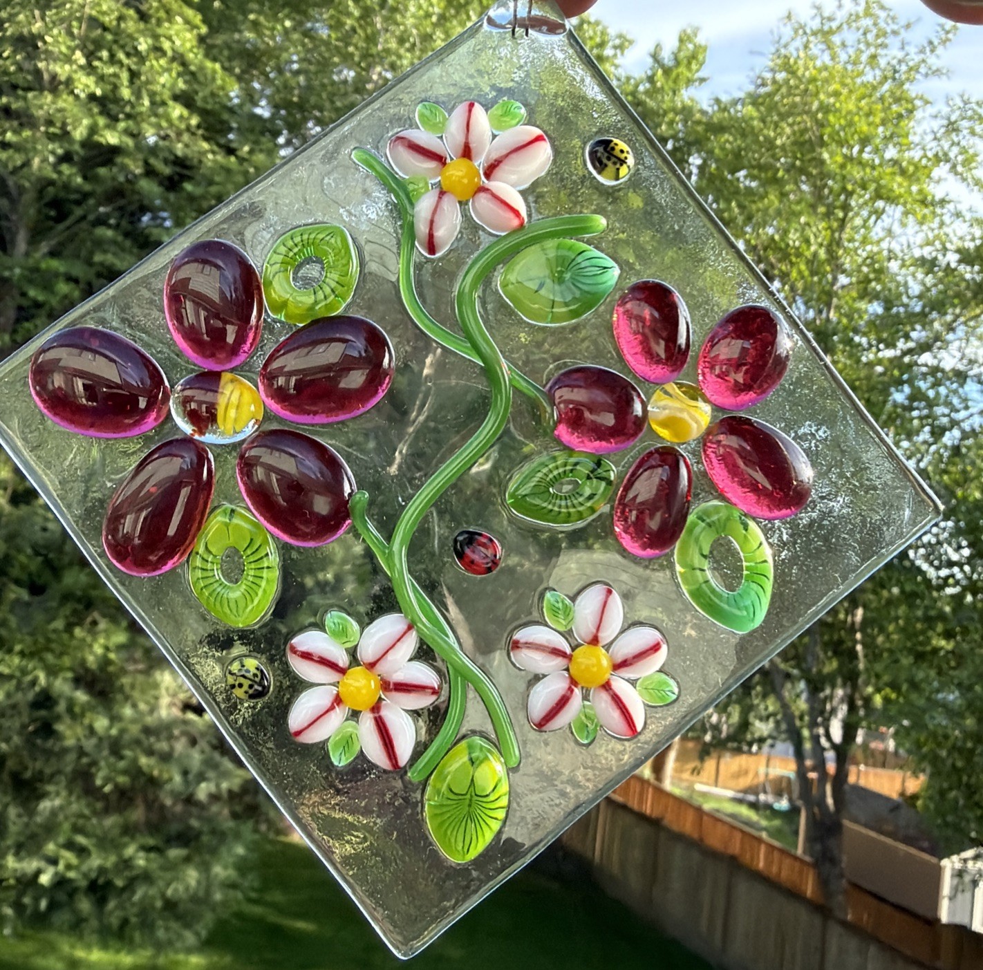 Fused Glass Handmade Diamond Shaped Multicolored Sun Catcher Signed By Artist