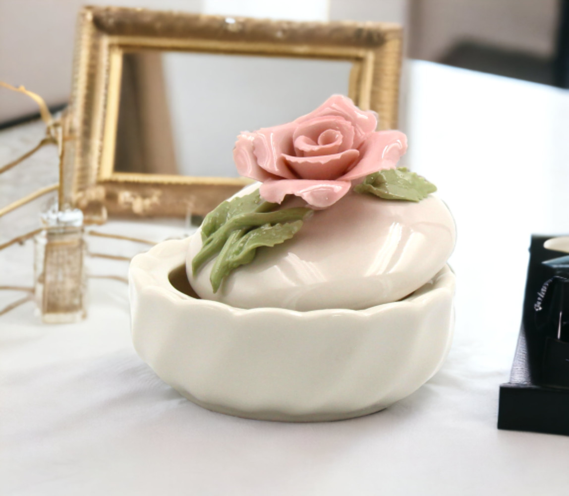 Ceramic Rose Flower Jewelry Box, Home Décor, Gift for Her, Gift for Mom, Vanity