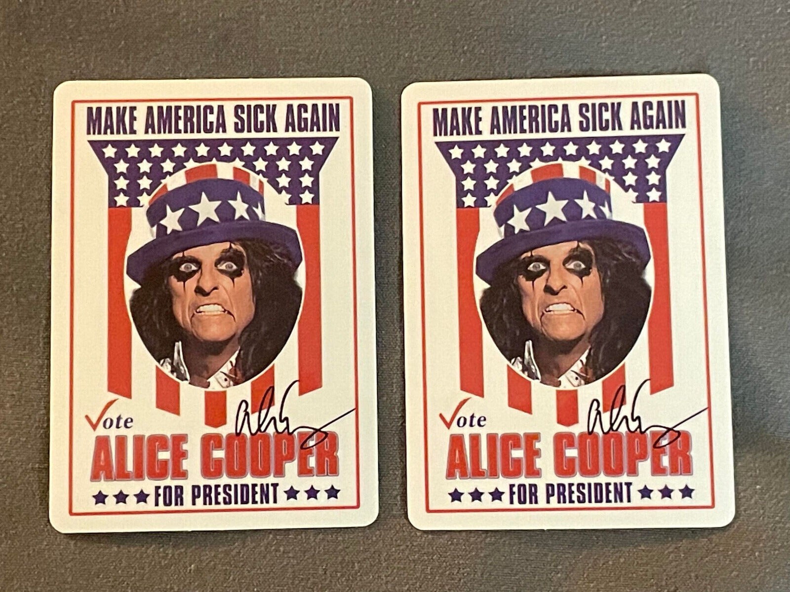 Lot (2) ALICE COOPER For PRESIDENT 1 3/4″ x 2 1/2″ Photo STICKERS Fast! FREE!