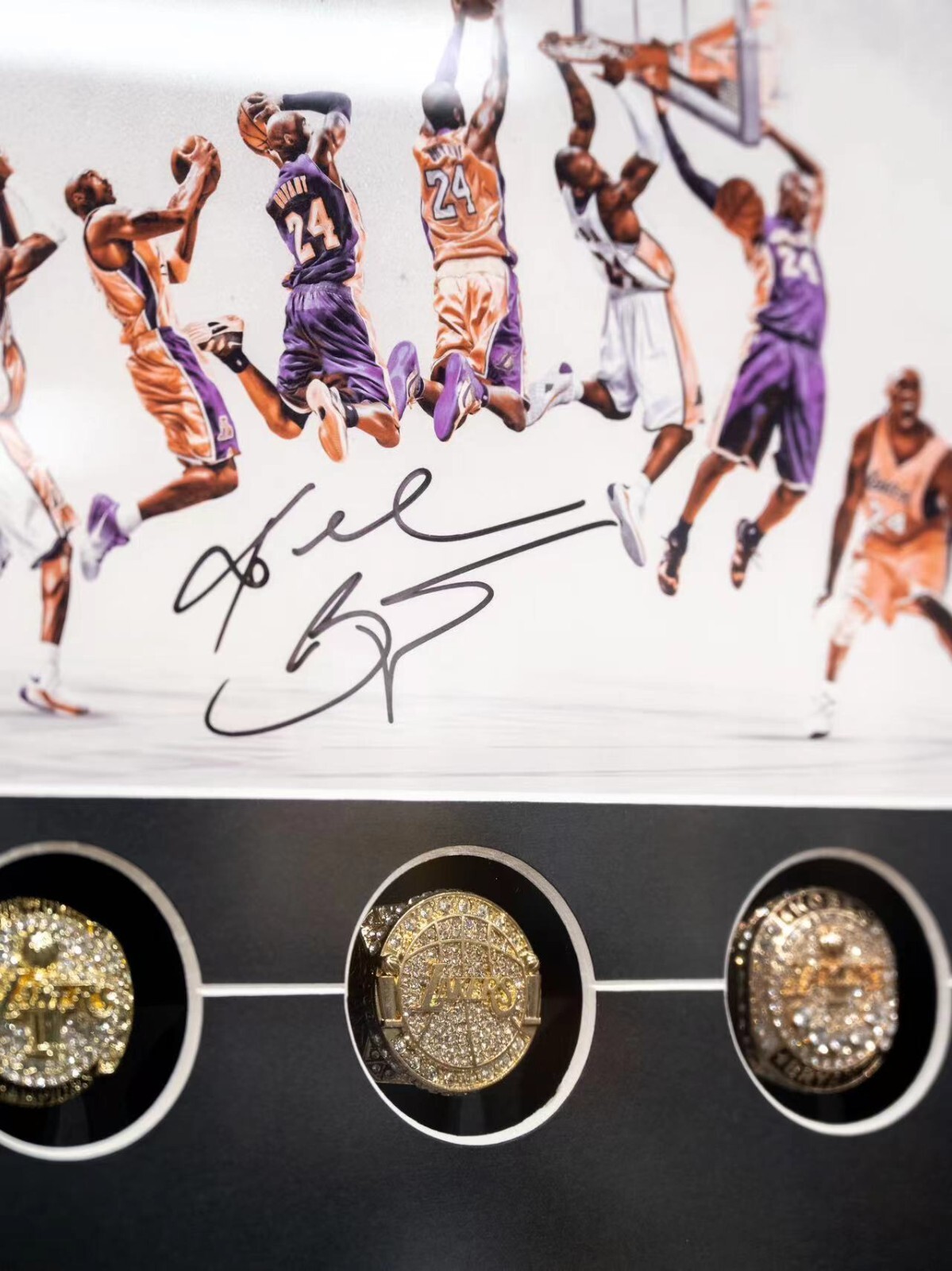 Kobe Bryant Framed Poster Wall Art Décor with 6 Replica Rings Display Set