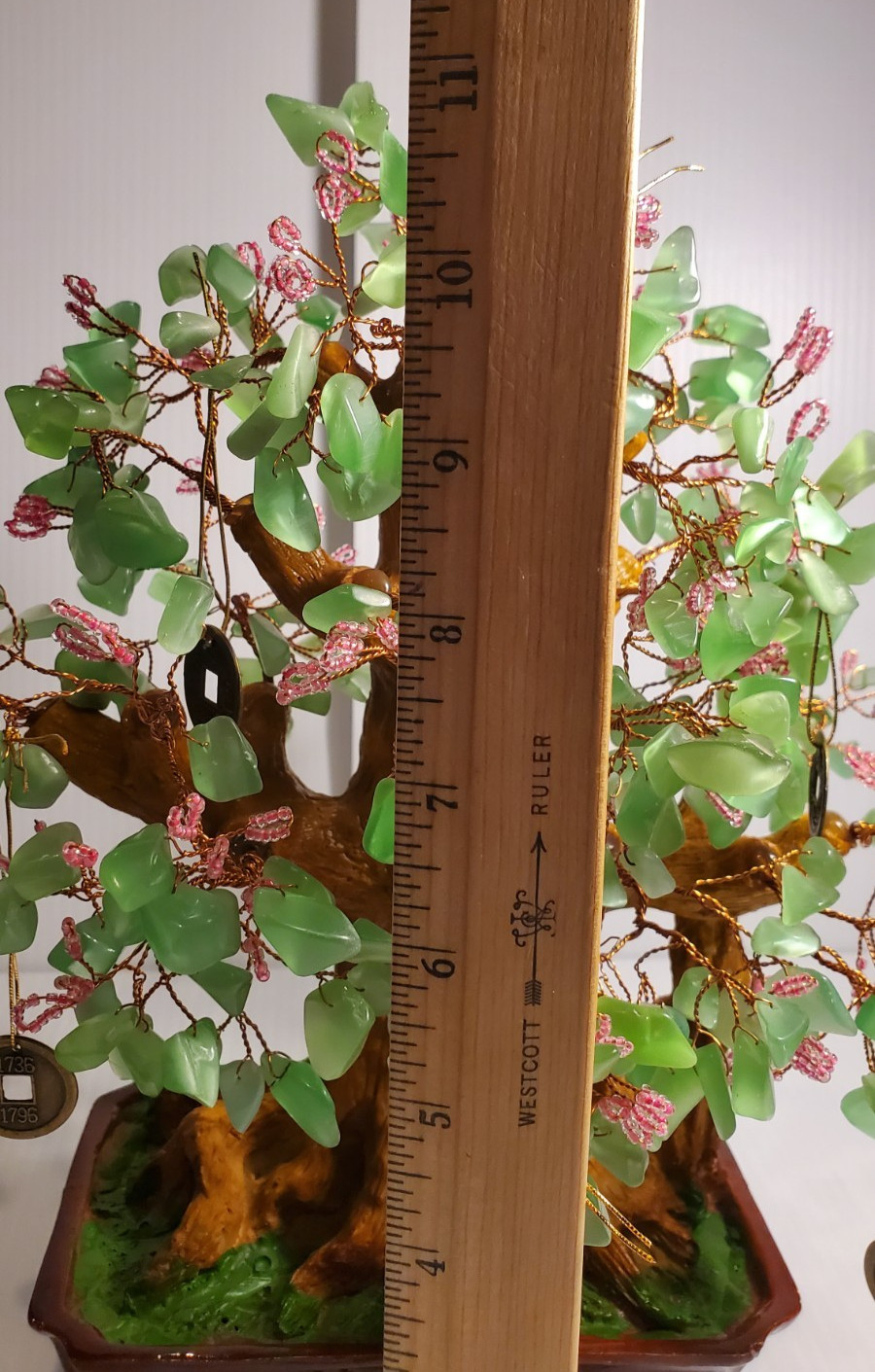 Vintage Bonsai Pink Flowers Green Glass Leaves Good Luck Money Coin Tree